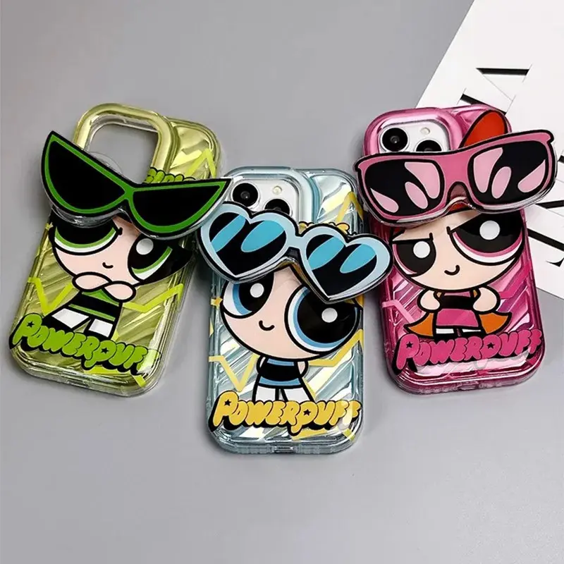 Cartoon Powerpuff Girls Silicone Sunglasses Holder with Soft Casing - Luxury Glasses Bracket Full Coverage Cellphone Protection Accessory for iPhone 17/16/15/14/13/12/11 Pro Max,X,Xr,Xs,6,6S,7,8 Plus,SE 2020, Silicon