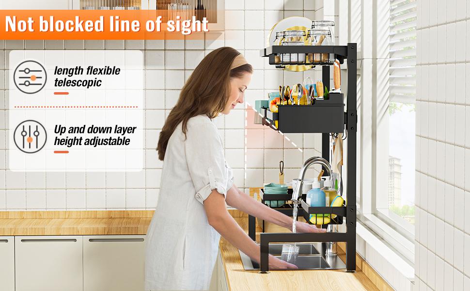 3 Tiers 6 Baskets Over The Sink Dish Drying Rack Extendable (24.8 "-35.4"), Large Dish Drying Rack, Kitchen Cutlery Drainer Metal Storage Counter Rack