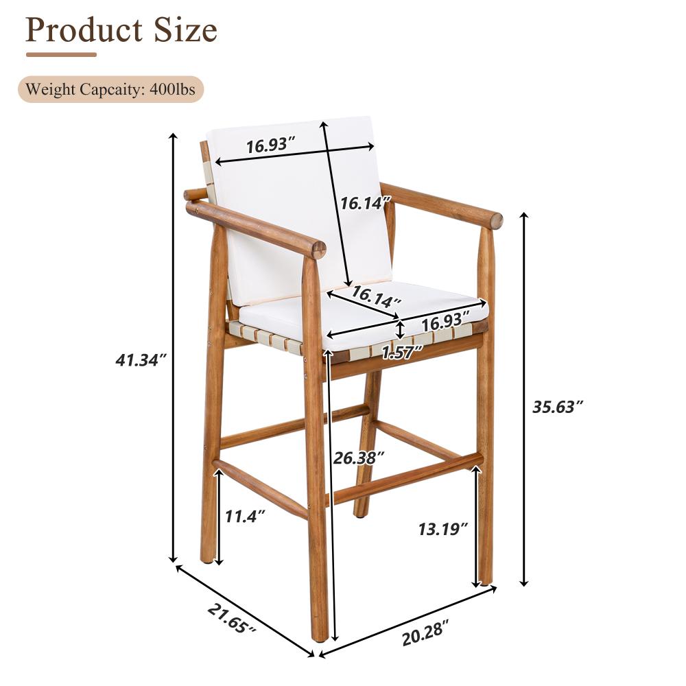 3 Piece Outdoor Bar Set, bistro Patio Acacia Wood Bar Height Table & 2 Stools with Cushions, Wood Dining Bar Set for Backyard, Poolside, Balcony, Beige Cushions