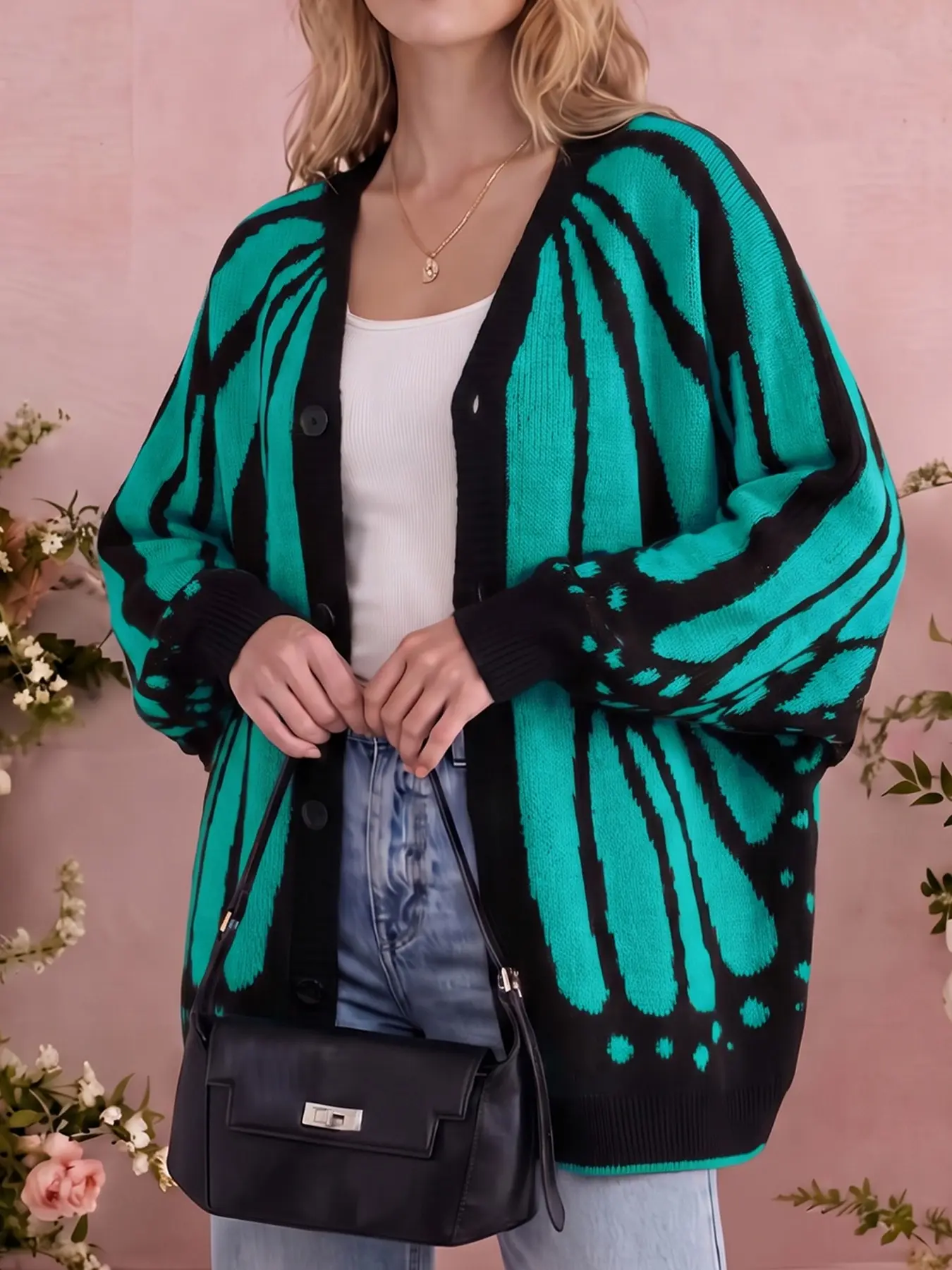 Plus Size Women Butterfly Print Button Front Knit Cardigan, V Neck Loose Fit Long Sleeve Faux Cashmere Thick Sweater Coat, Fall Winter Casual Outerwear