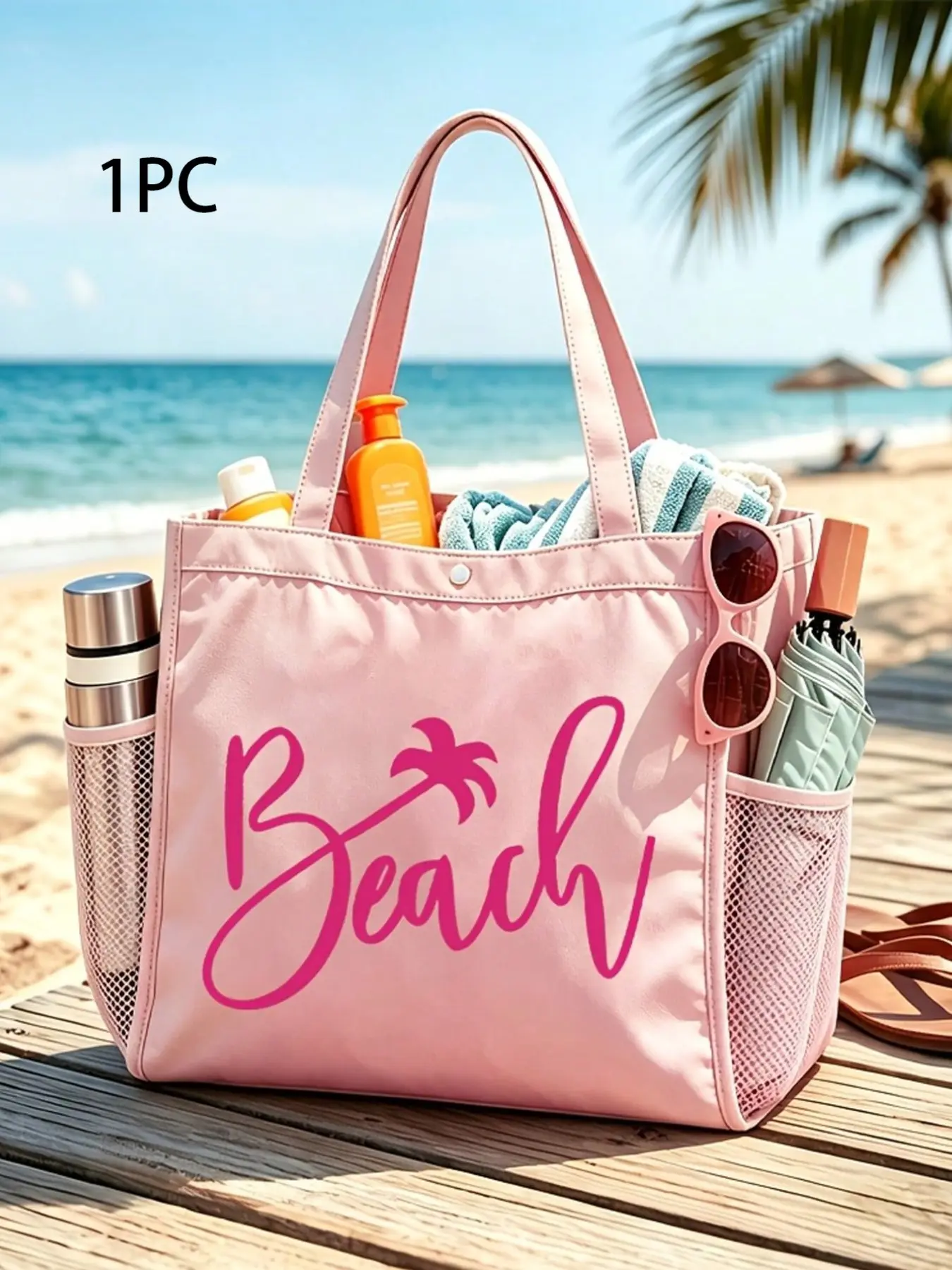 1pc Beach Print Large Capacity Tote Bag, Waterproof Oxford Fabric, Multi-Net Pockets, Women's Beach Holiday Pool Camping Travel Handbag