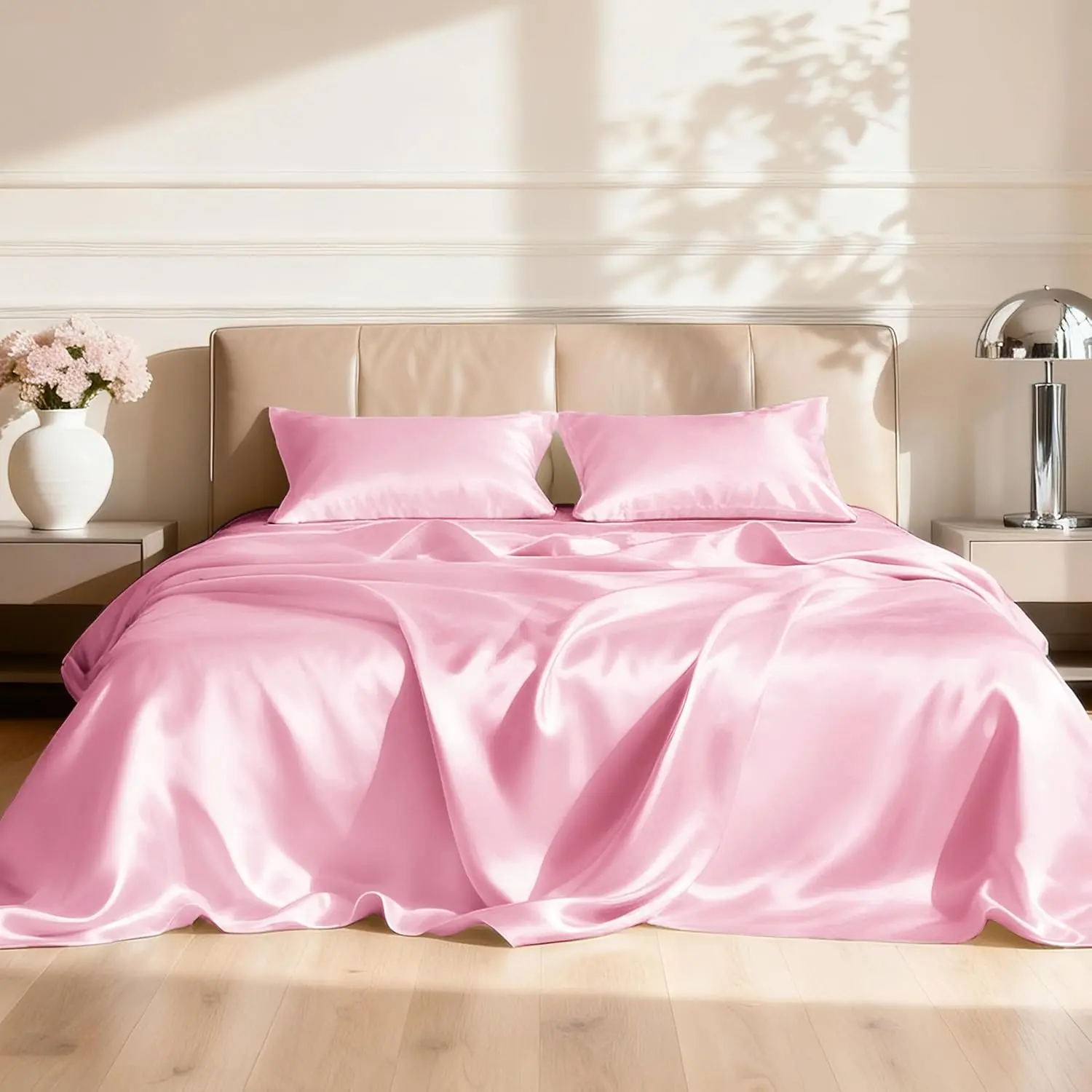 Queen Sheets Set - 4 Piece Pink Bed Sheets Set with Deep, Luxury Silk Feel Queen Size Sheet Set (1 Flat Sheet, 1 Fitted Sheet, 2 Pillow)