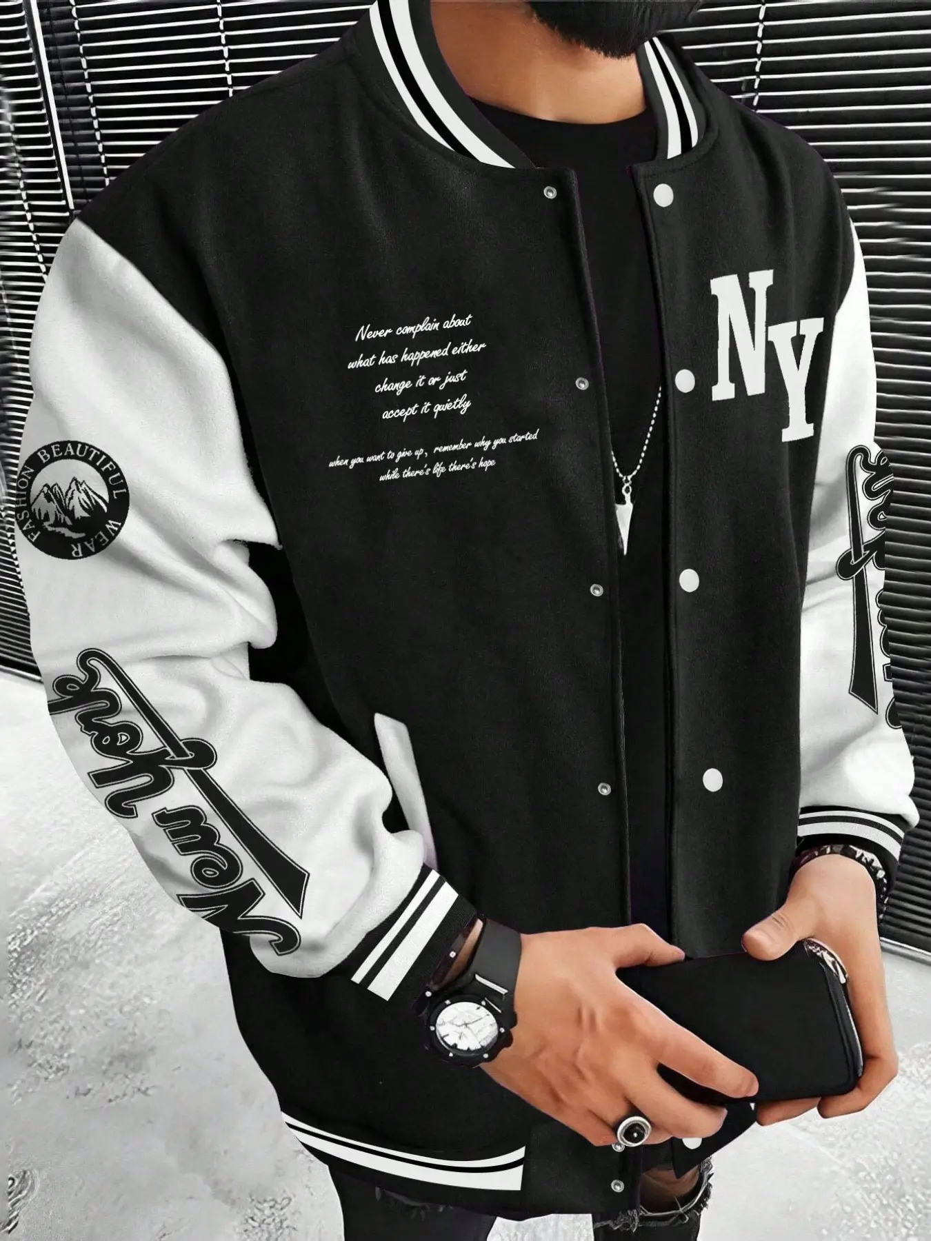 Men's Fall Winter Patchwork Letter Print Baseball Jacket, Casual Versatile Sports Pilot Jacket, Fashion Retro Outerwear for Men