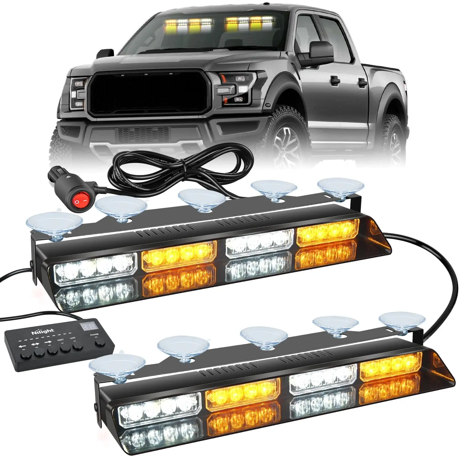 Nilight 32LED Amber-White Dash Strobe Light Bar with Controller & Suction Cups, Strobe Lights for Trucks, Automotive & Motorcycle Indicator Accessories, Amber Light Bar