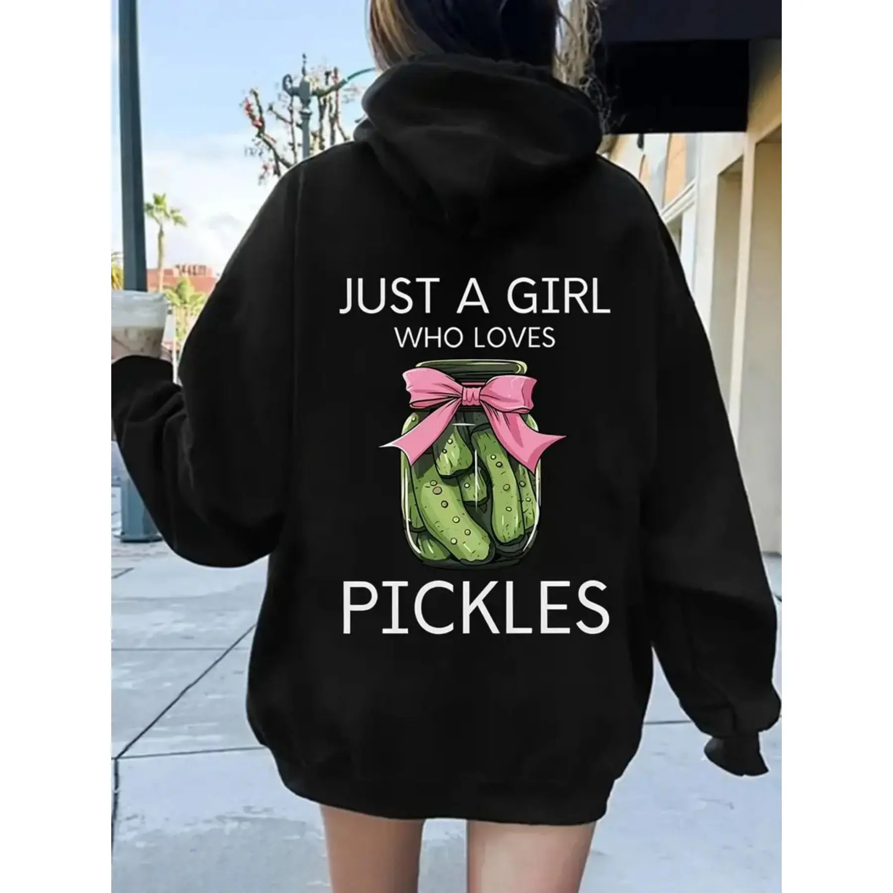 Just A Girl Who Loves Pickles Back‑Print Hoodie Cute Jar Pickle With Pink Bow Graphic Hooded Sweatshirt Funny Food‑Lover Casual Oversized Pullover Hoodie Trendy Women Street‑Style Long‑Sleeve Outerwear