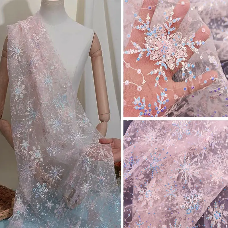 Pink snowflake sequin-embroidered mesh tulle fabric, sheer sewing material for DIY crafts, wedding dress decoration, costume making