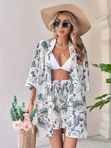 Women's Tropical Leaf Print 2 Piece Outfit, Open Front Kimono Top + Drawstring Shorts Casual Vacation Set