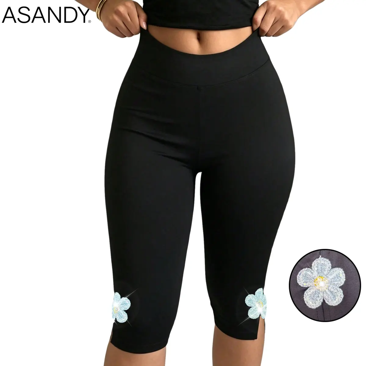 ASANDY Women's High Waisted Capri Leggings with Rhinestone Floral & Pearl Bow, Comfy Buttery Smooth Bodycon Pants with Split Hem for Yoga, Bottom, Pearls, Basic, Ease, Cold Wash, Fabric, Opaque, Sporty Chic, Workout Wear, Rhinestone Accents