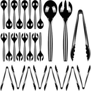 24 Pcs Disposable Black Plastic Serving Utensils,8 Set Including 9.72" Plastic Serving Spoons, Forks and 8.46" Tongs, for Dinner Parties, Buffets,Banquets, Events, Weddings, and Daily Use
