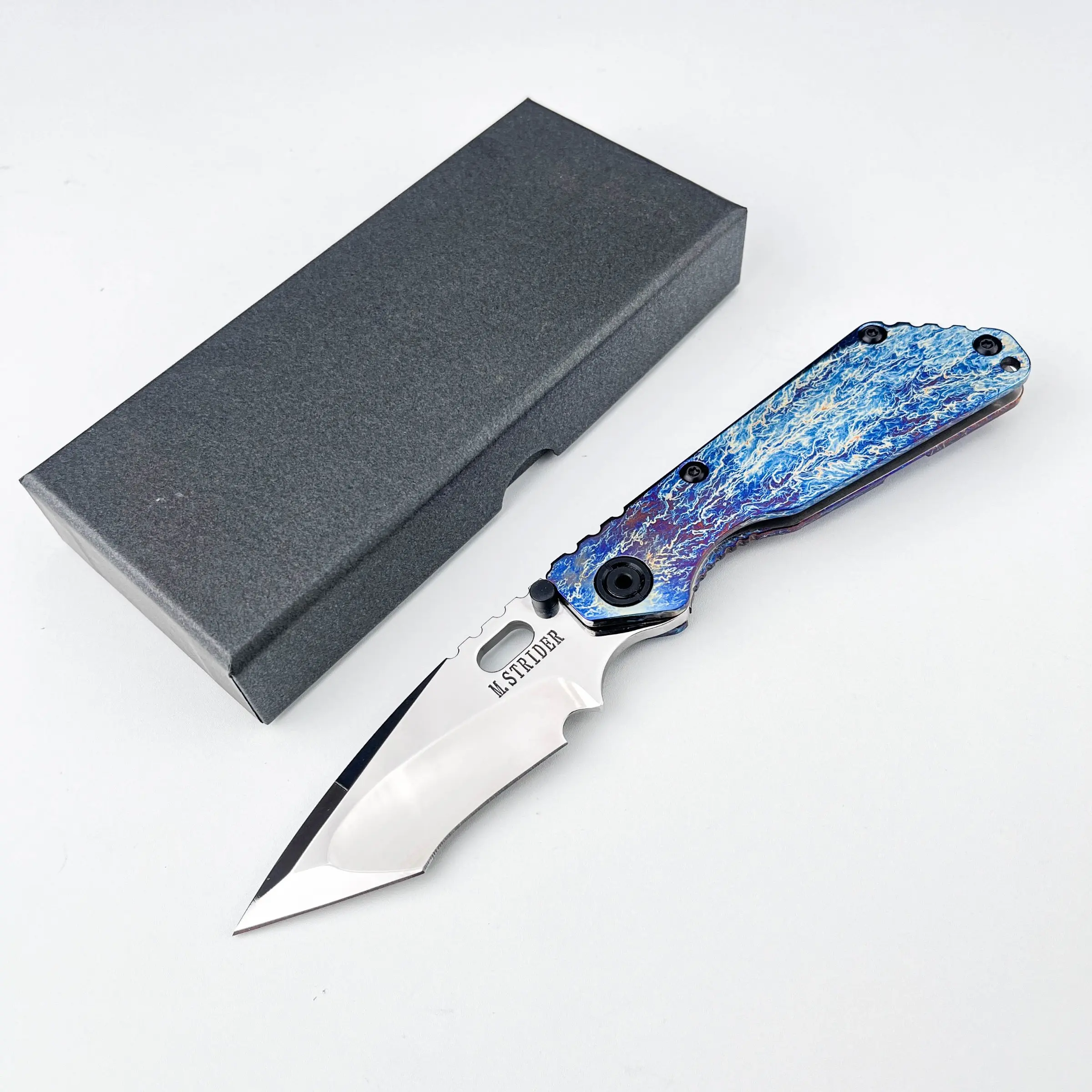 Blue Flame Colorful Titanium Alloy Collectible Folding Knife, tactical modified D2 sharp blade design, vacuum-baked colored titanium alloy handle, suitable for camping, hiking and daily carry EDC, perfect for knife collection and high-end gifts.