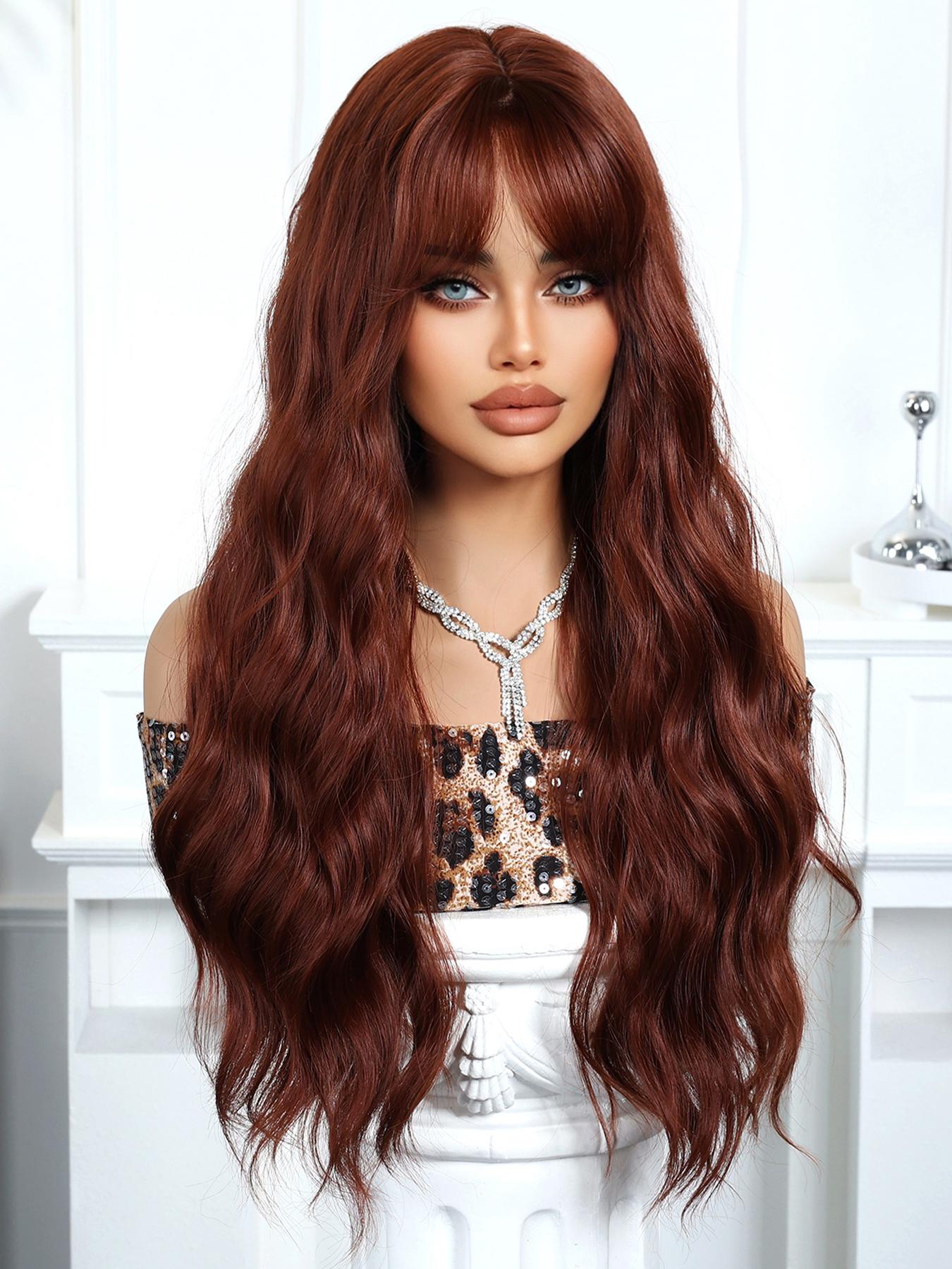 Long Wavy Wig with Bangs, 26 Inch Synthetic Fiber Wig for Women and Girls, Perfect for Daily Wear, Parties, Cosplay and Music Festivals, Curly Wigs