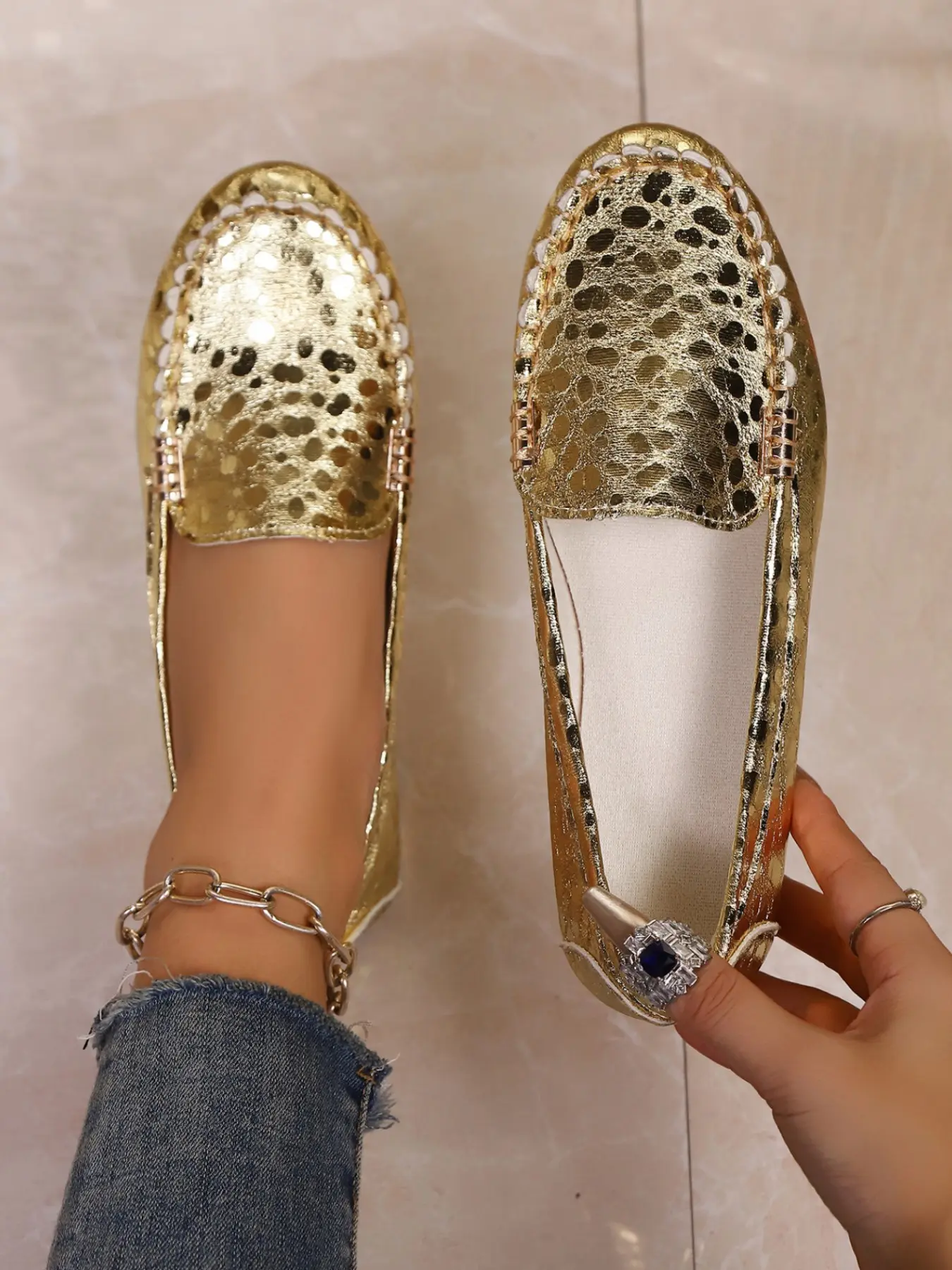 Women's Silver Leopard Hollow Out Slippers, Soft Sole Comfortable Low-Top Shoes, Casual All Season Commuter Lazy Shoes, Summer Flats