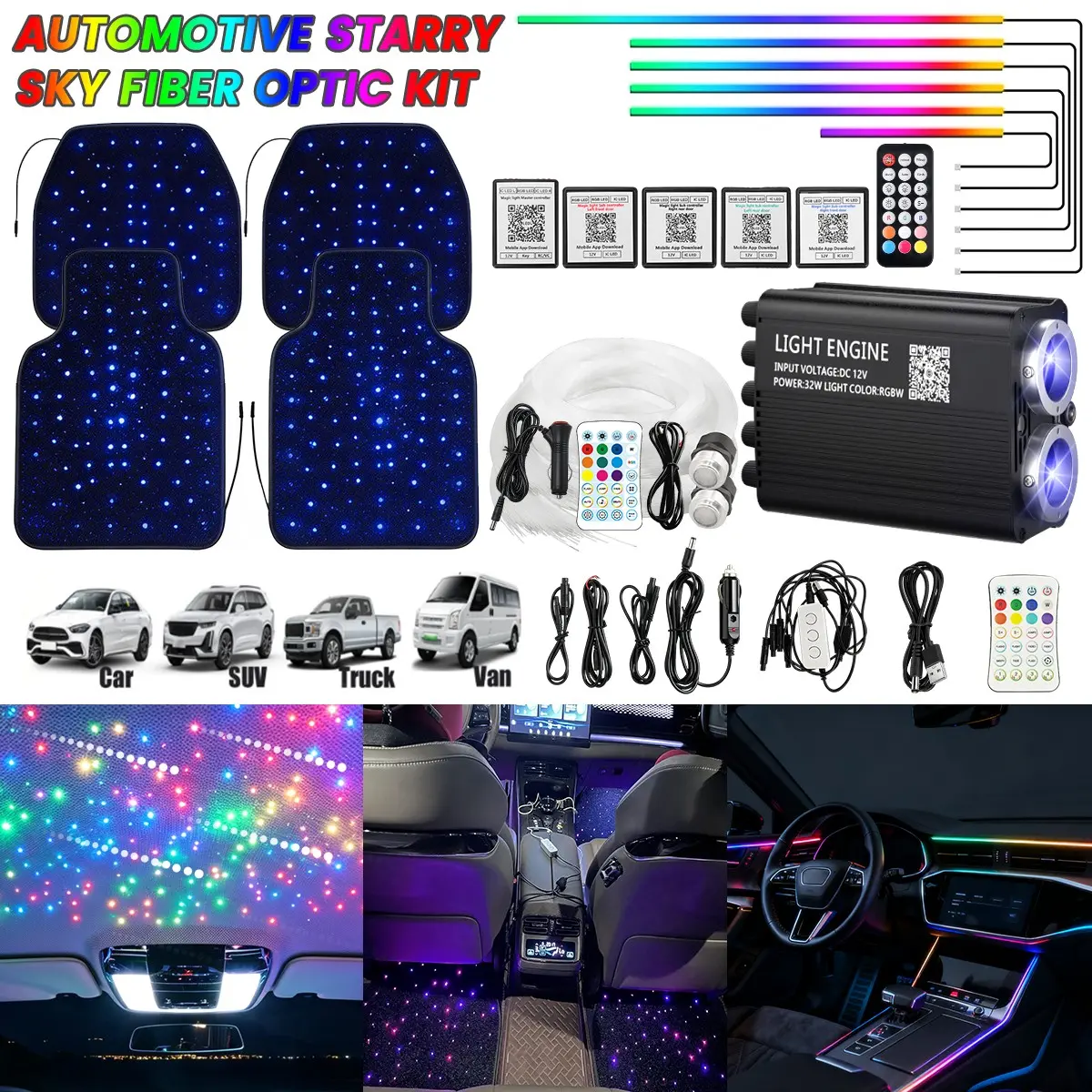 1200PCS 0.75MM 2M Car Twinkle & Meteor Starlight Headliner kit+Starlight Car Floor Mats+18IN1 RGB Car Ambient Lights,Full Car Starlight Upgrade Kit