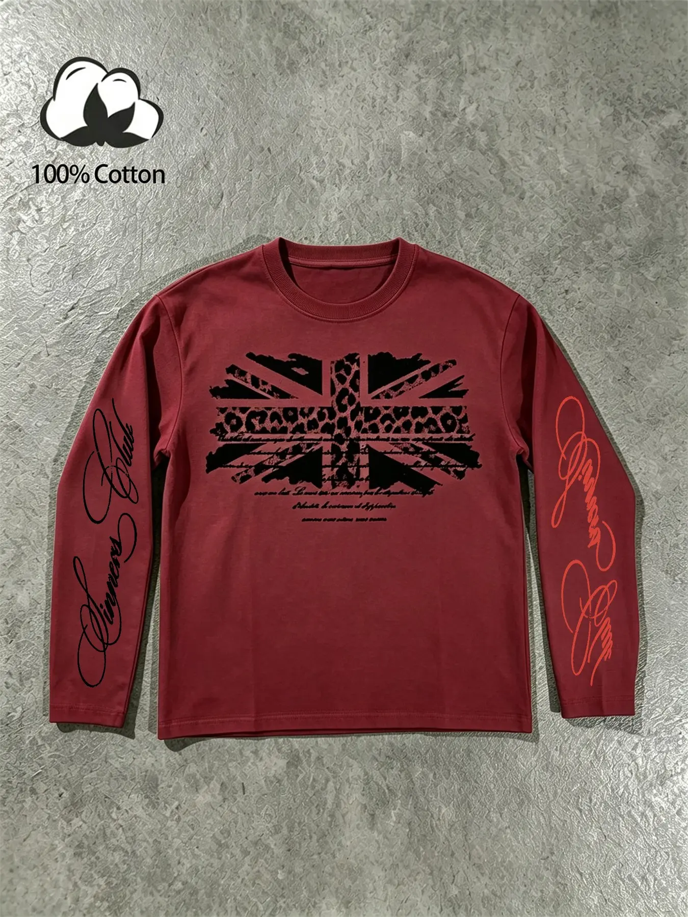 Unisex design featuring Y2K leopard print, British Union Jack pattern, 100% cotton, round neck, loose adaptation, long sleeves. Retro street art floral English print top. Perfect for high-street subculture enthusiasts, patriotic, flag-themed fashion items