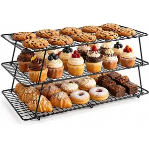Cooling Rack, 3 Tier Stackable Cooling Racks for Cooking Baking Roasting, Multi-Level Collapsible Cookie Rack for Cakes, Oven Safe & Easy Clean (Black, 3-Tier-SL)