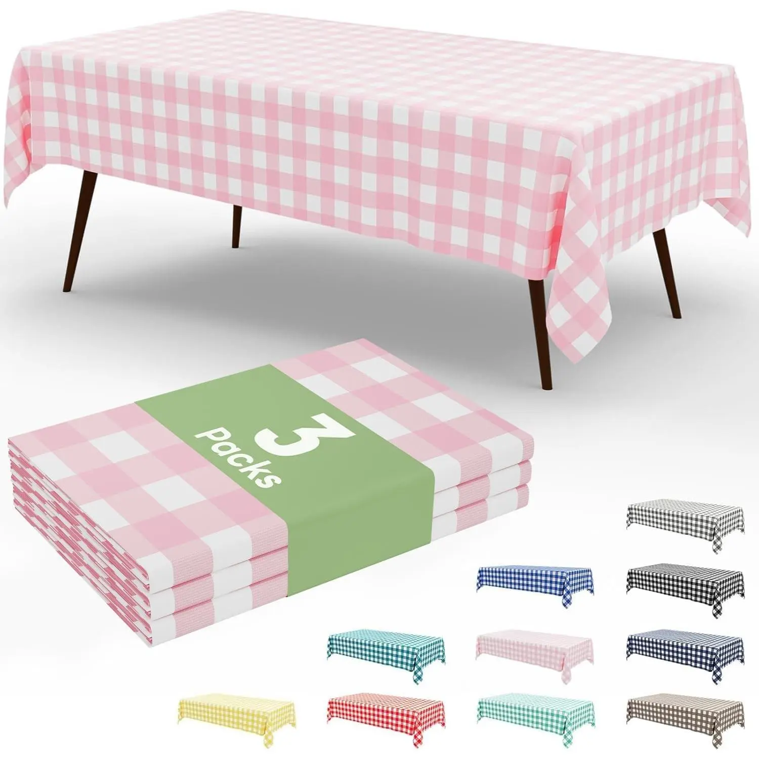 3 Pack Pink Gingham Disposable Tablecloths - 54" x 108" Heavy Duty Plastic Table Cloth, Waterproof Buffalo Plaid Table Covers for Picnic, Banquets, Outdoor Parties