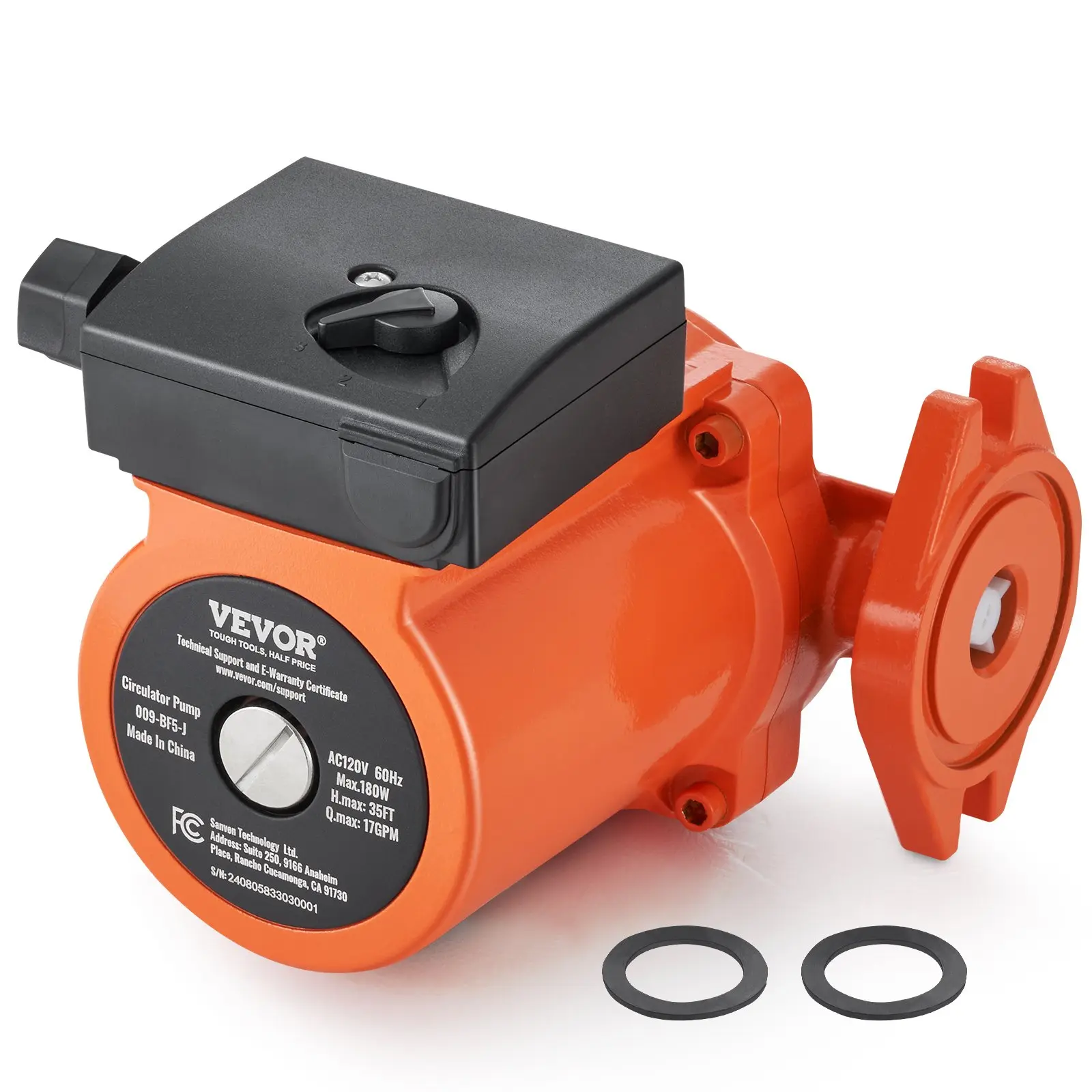 VEVOR 009-BF5-J Hot Water Recirculating Pump, 110V, 180W 10 GPM Hot Water Circulation Pump, 3/4" NPT Flange 3-Speed Circulator Pump, Quiet Operation Circulator Pump for Home Water Heater System