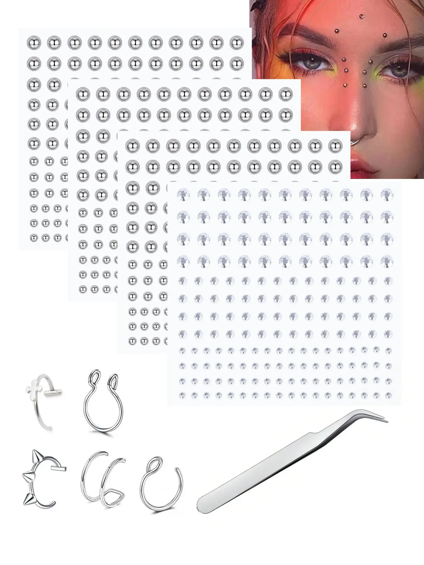 Face Body Piercing Stickers Kit, Reusable Fake Dermal Gem Face Jewelry Stick On Nose Lip Forehead Eye Jewels, Punk Gothic Temporary Facial Piercing Decals with Stainless Steel Fake Nose Rings, Fake Nose Piercings & Tweezers for Festival Makeup