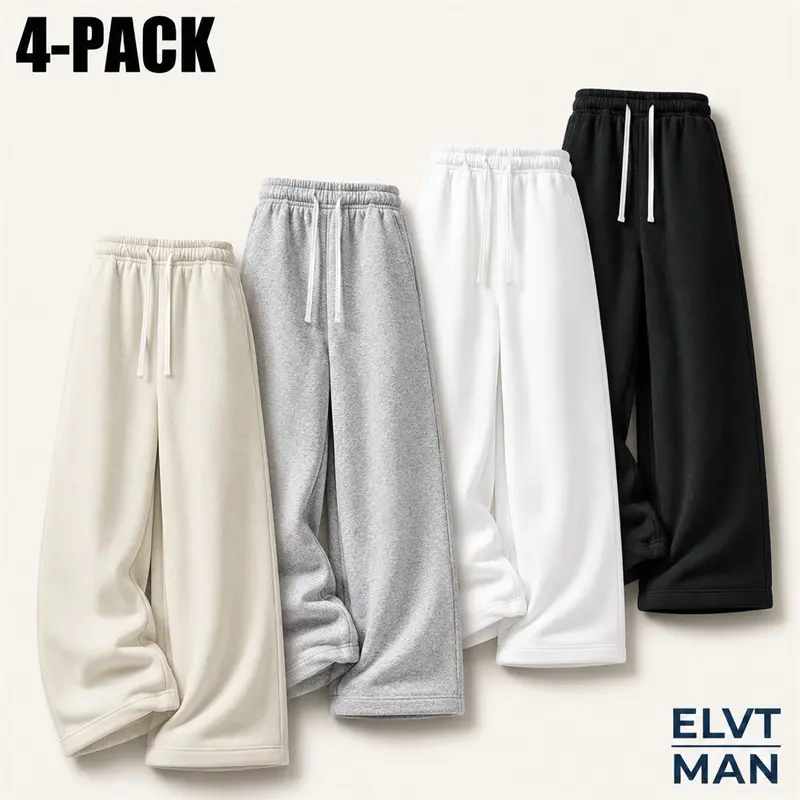 4-Pack Men's Relaxed Wide Leg Sweatpants Set, Assorted Solid Color Drawstring Elastic Waist Loose Fit Straight Leg Casual Lounge Pants with Side Pockets for Home, Errands and Weekend Style