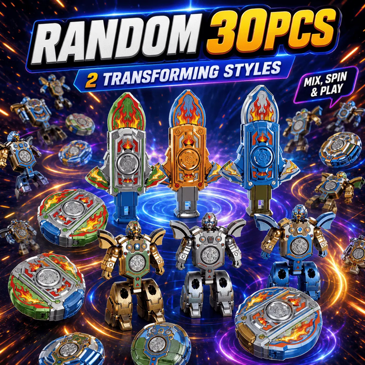 Random Color 30PCS Transforming Fingertip Spinner Toy Set, Robot and Fantasy Spinner Designs, 2-in-1 Foldable Gyro Toys for Kids, Handheld Desk Fidget Toys, Party Favors and Gift Bag Fillers for Boys and Girls