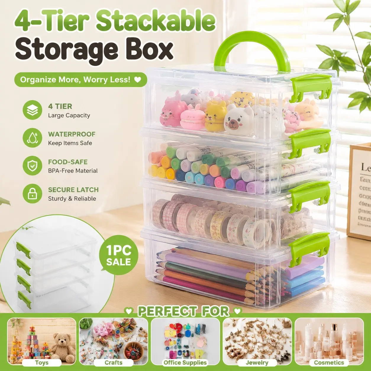 4-Tier Stackable Transparent Plastic Storage Box with Latch, Waterproof Large Capacity Home Office Organizer, Portable Food Safe Container, Multilayer Storage