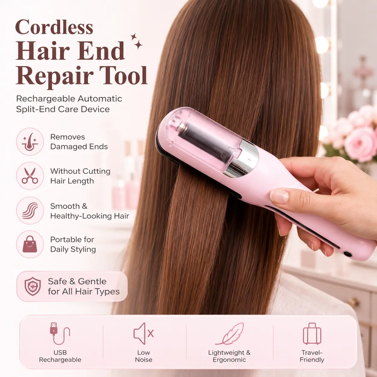 Cordless Split End Hair Trimmer, Rechargeable Automatic Split-End Repair Device for Removing Damaged Ends Without Cutting Hair Length, Portable Hair Care Tool for Smooth, Healthy-Looking Hair & Daily Styling Use