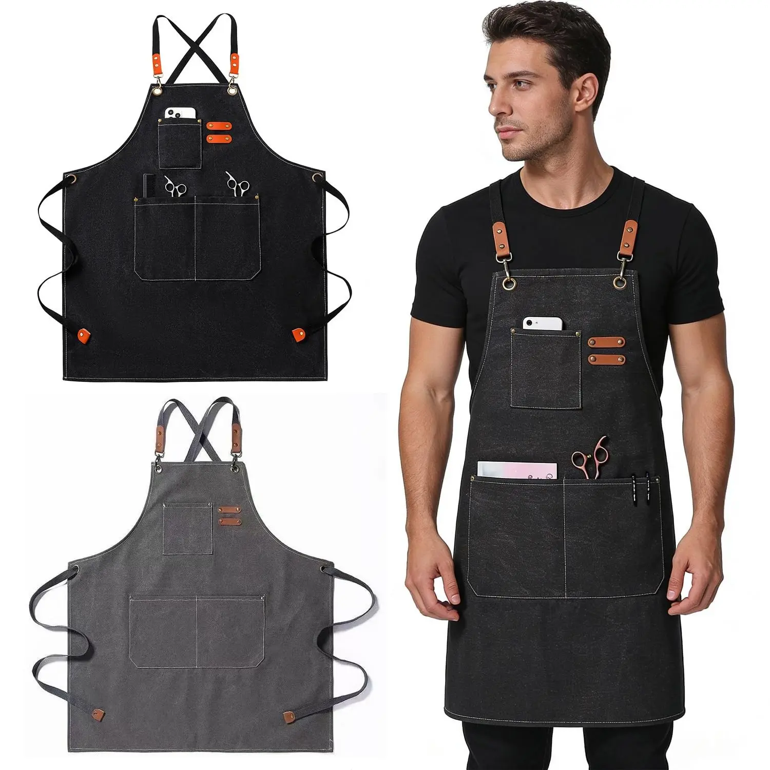 Waterproof Canvas Apron with Cross-Back Design, Heavy-Duty Gardening Apron with Multiple Pockets, Oil-Proof Kitchen Apron, Work Apron