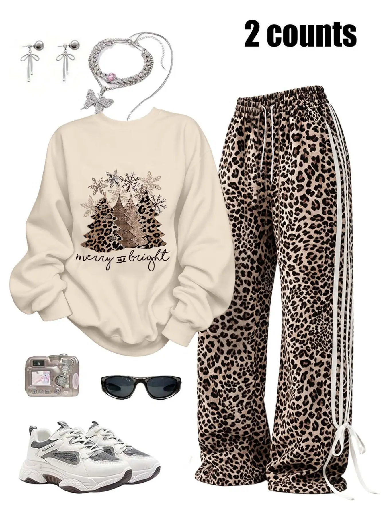 Christmas Women's Fall Winter Casual Set, Leopard Print Round Neck Sweatshirt + Wide Leg Pants, Side Stripe Tie Design, Essential