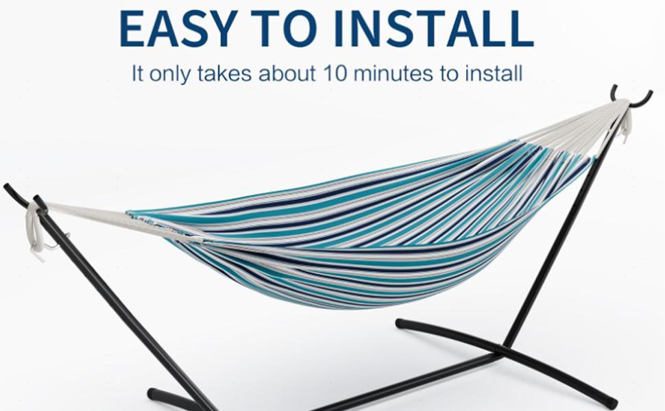 Single Hammock with Stand, Brazilian Style Cotton Fabric Portable Lounger, 450 lbs Capacity Heavy Duty, Easy Assembly Indoor Outdoor Use for Backyard, Balcony, Camping,Ocean Color