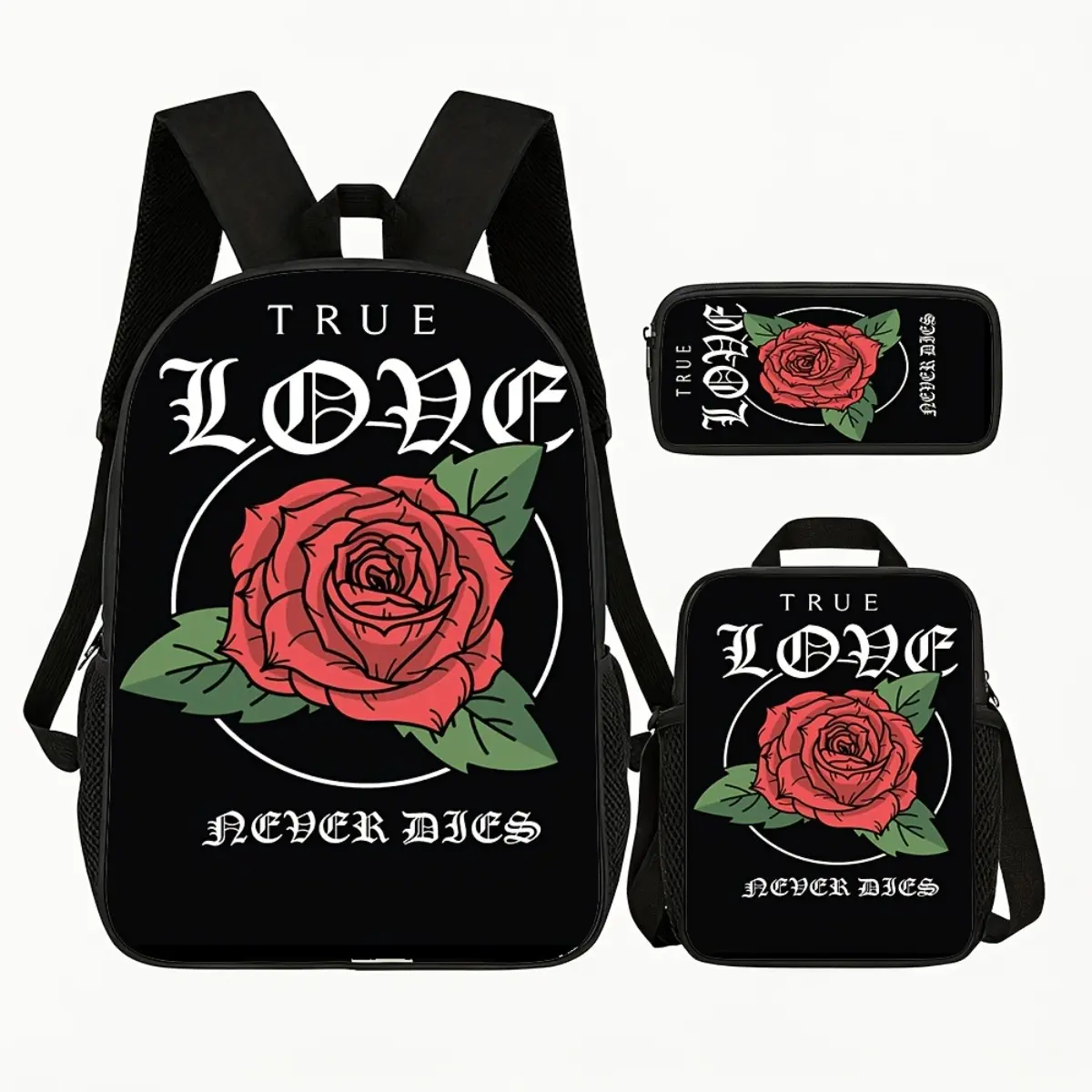 3pcs 1 True Love Never Dies Rose Laptop Backpack Gothic Tattoo Style Travel School Bag for Women And Men Durable Anti-Theft Design