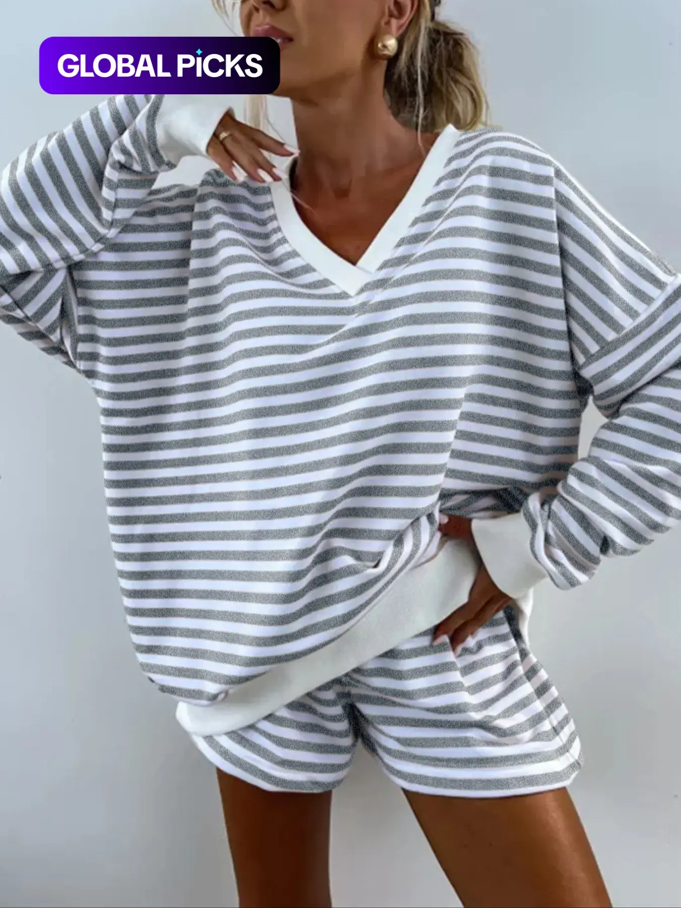 Women's Casual Fashion Striped Print Drop Shoulder Baggy Long Sleeve Tee & Elastic Waist Shorts Two-piece Set Clothing Sets, Cozy Breathable Soft Fabric Two Piece Outfits for Daily & Outdoor Wear, Women's Clothes for Spring #GLOBAL PICKS