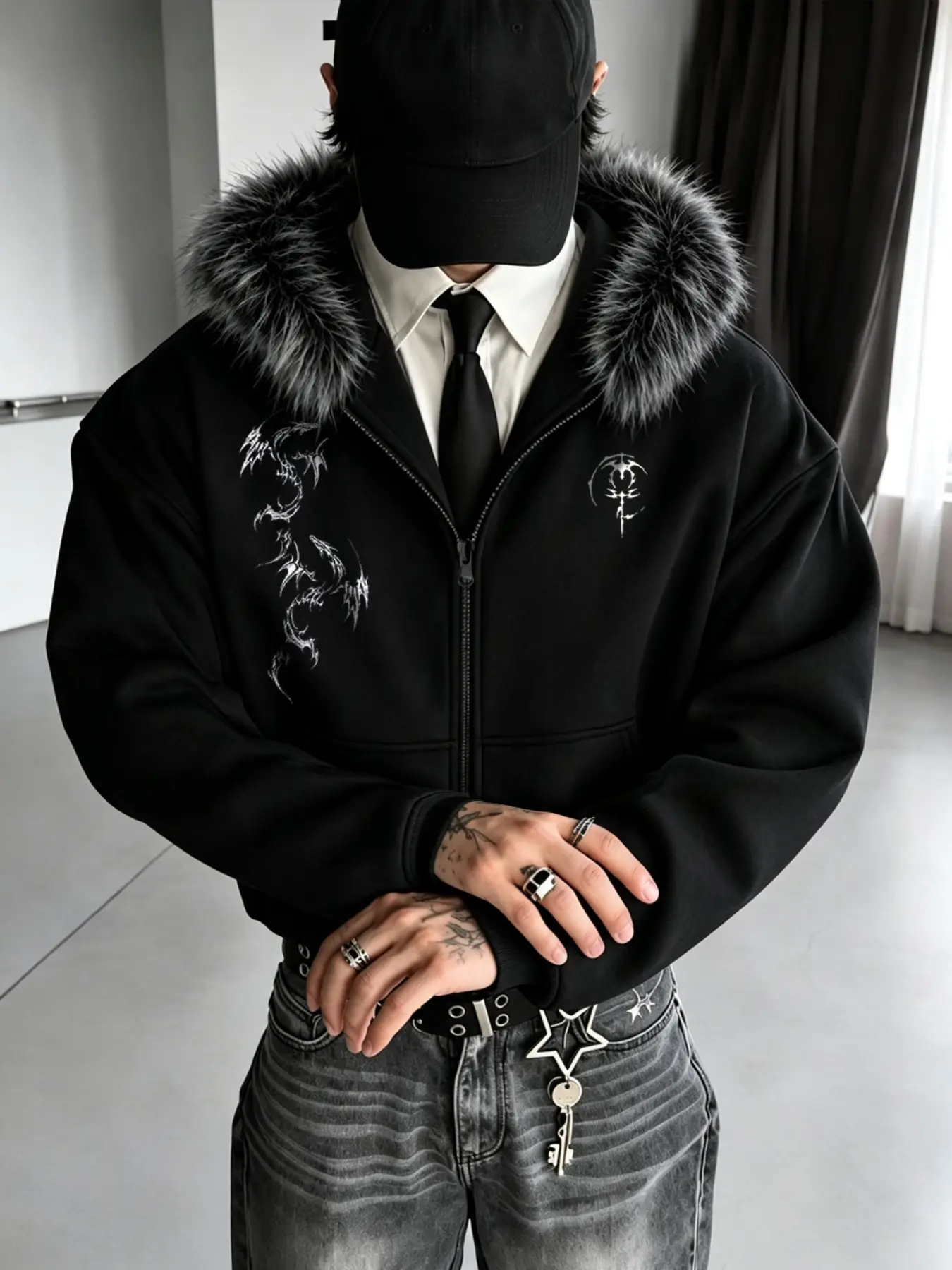 Men's Fall Winter Hooded Fur Collar Jacket, Gothic Spiky Pattern, Streetwear Style, Casual Loose Fit, All Seasons Fashion
