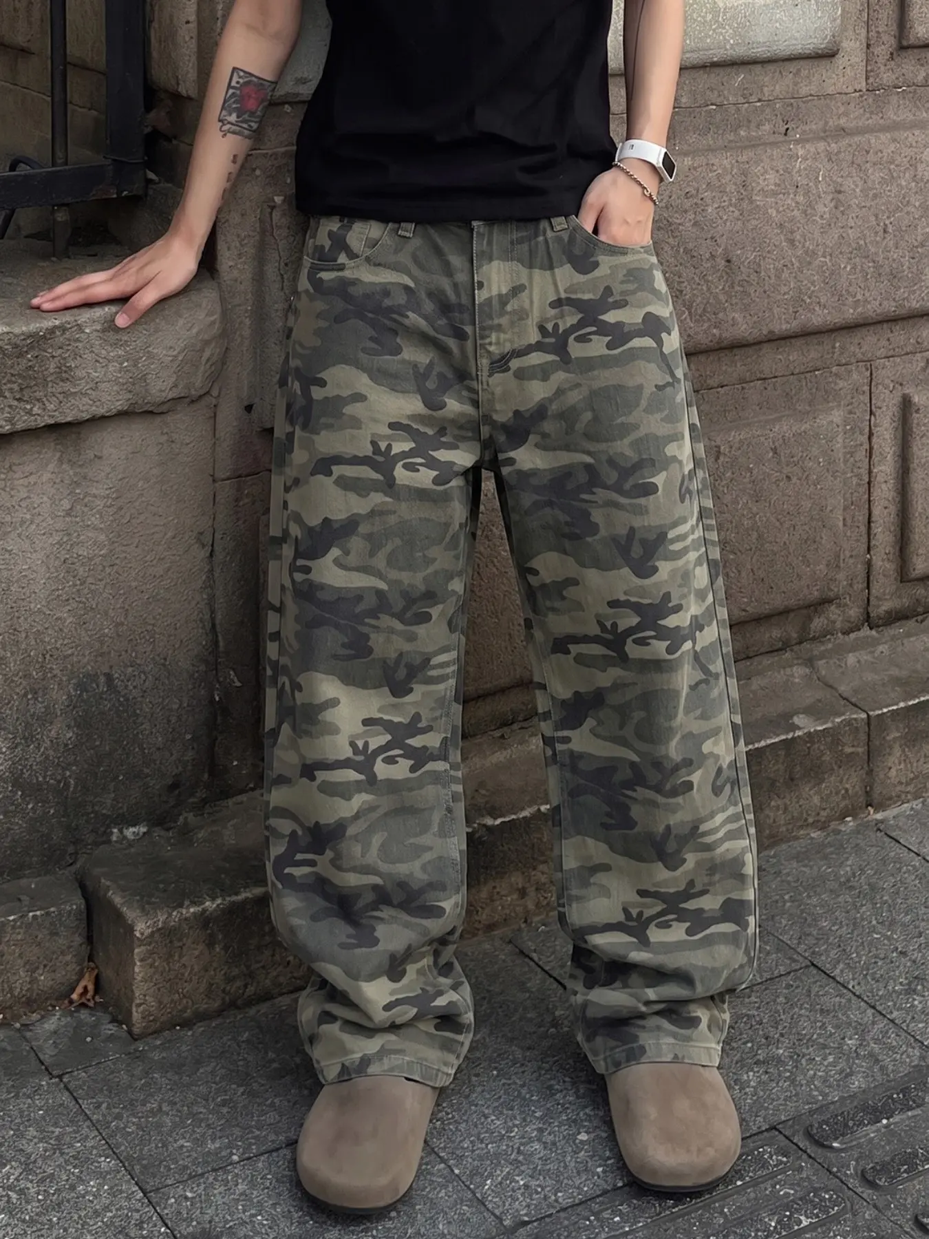 Men's Street Style Camouflage Jeans, Vintage Full Print Loose Fit Straight Leg Casual Pants, Outdoor Fashion Streetwear for All Seasons