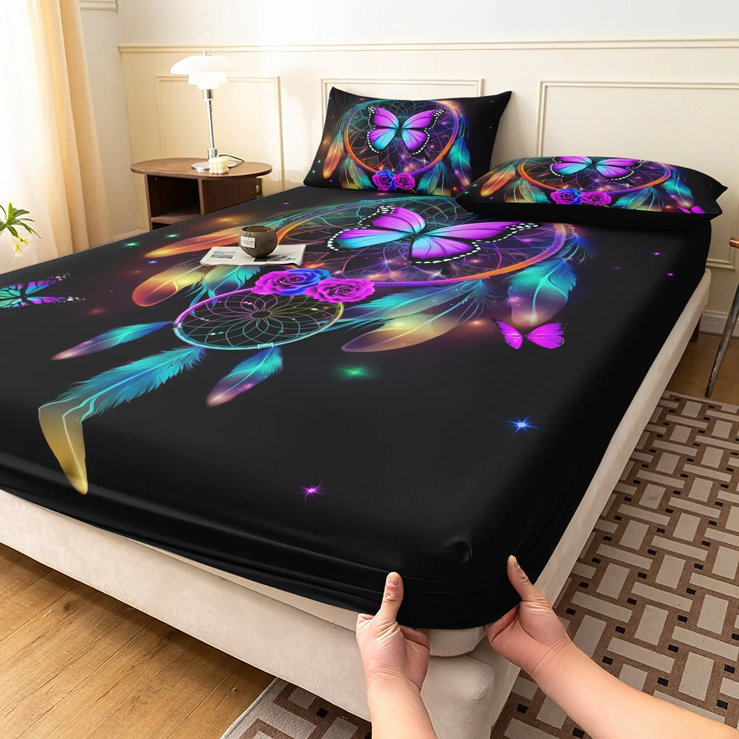 Black Rainbow Dreamcatcher Butterfly Rose Print 3 Pieces Fitted Sheet Set, Bohemian Colorful Feather Starry Sky Print Bedding, Soft Microfiber Mystic Boho Bedroom Decor (1 Fitted Sheet + 2 Pillowcases, No Pillow)