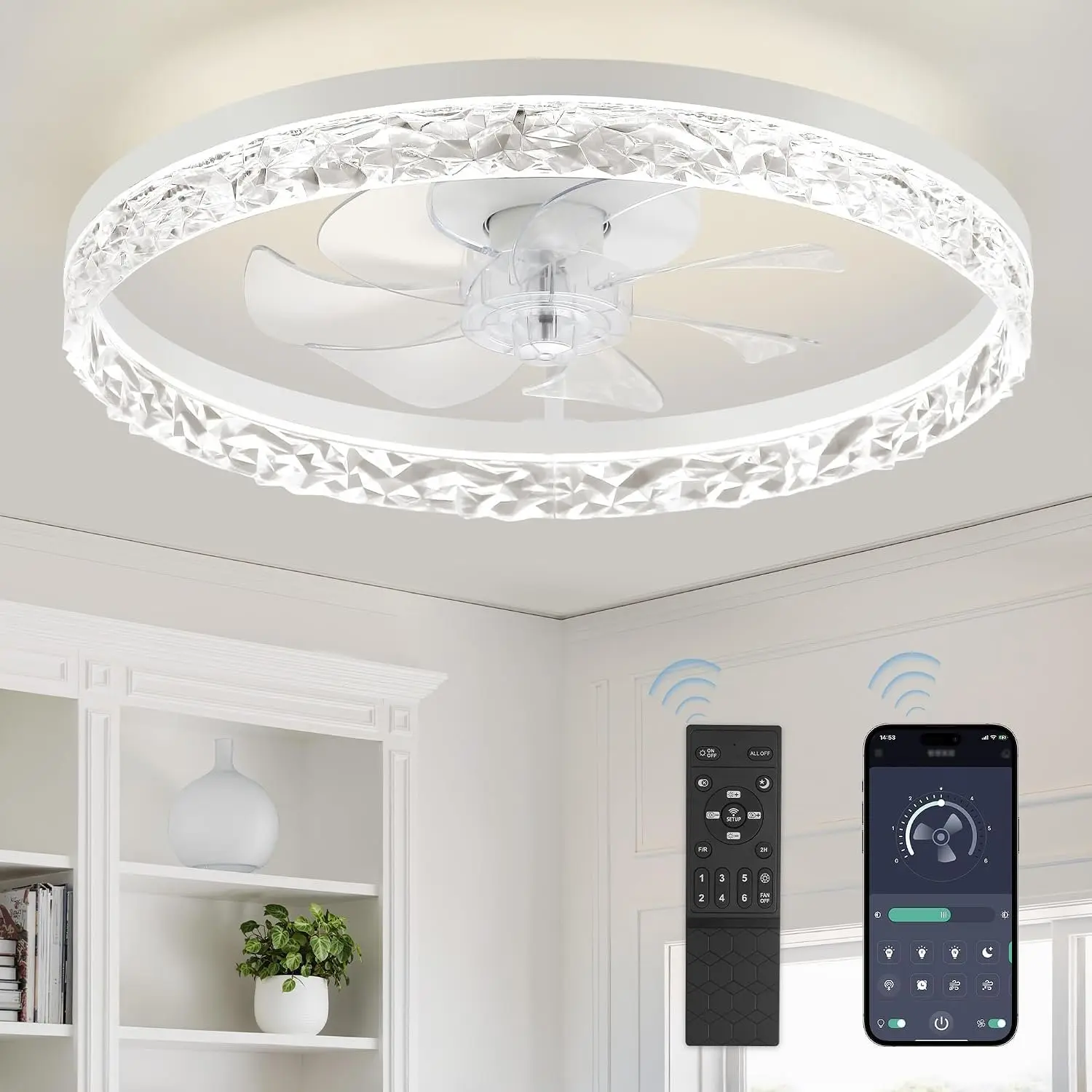 20" Modern Flush Mount Low Profile Ceiling Fan with Dimmable Light and Remote Control, 6 Speeds, Stepless Color Temperature Adjustment - White, Synthetic