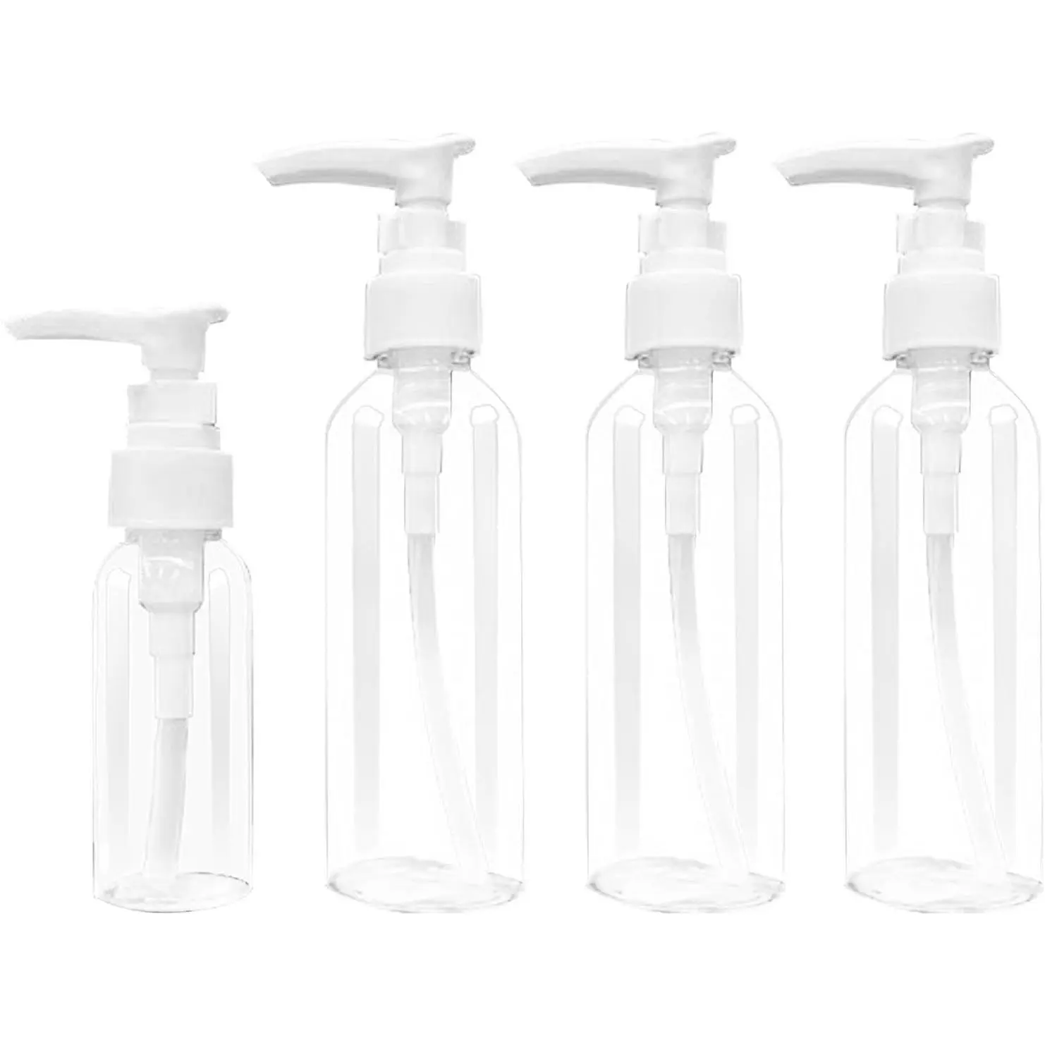 4 count Travel Bottle, 3.4oz/100ml Empty Refillable Plastic Pump Dispenser Bottle with 30ml Small Travel Bottles, Round Transparent Travel Liquid Containers for Lotion Shampoo Oil