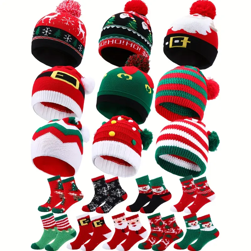 9pcs Christmas Hat And Socks Collection, Featuring 9 Beanie Hats with Pompoms And 9 Pairs of Christmas Socks for Both Men And Women