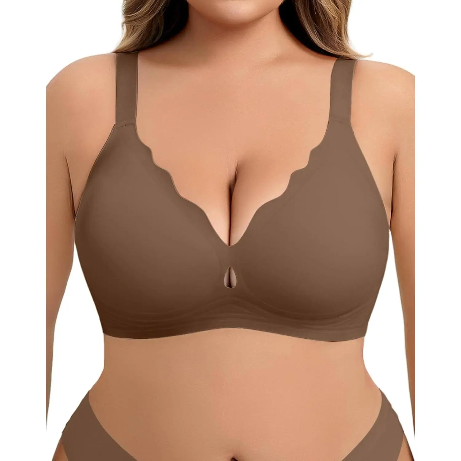 Scalloped Cup Seamless Support Bra, Wireless Stretch Nylon Bralette with Keyhole Cutout and Supportive Band for Everyday Wear, Cold Wash, Scalloped Cups