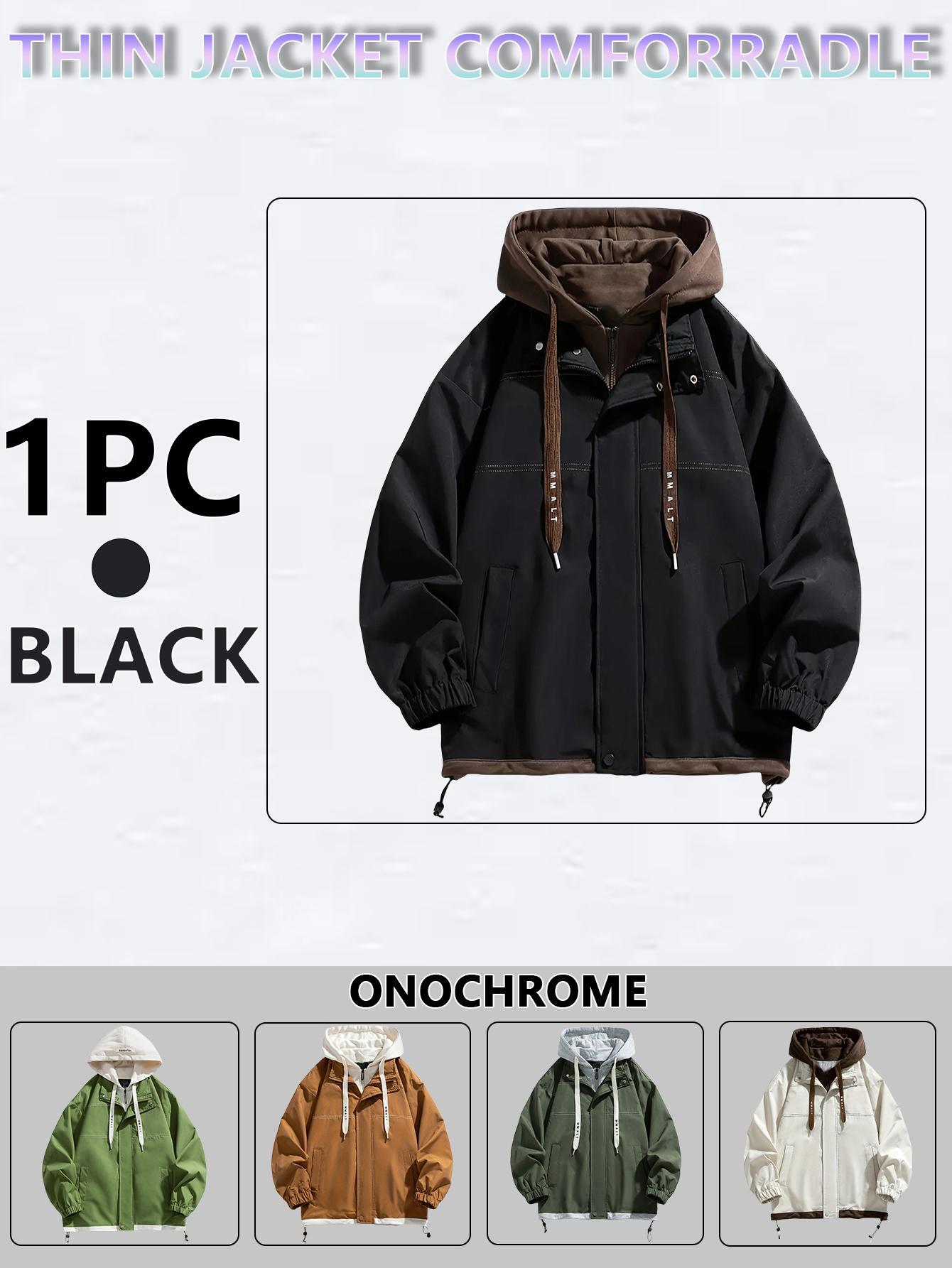 Men's Zip Up Hoodie Coat, Casual Loose Long Sleeve Hooded Sweatshirt Jacket for Daily Wear, Fake Two-Piece Jacket, Men's Clothing for All Seasons, Zip Hooded Longsleeves Menswear Halloween Gifts SpringStatements