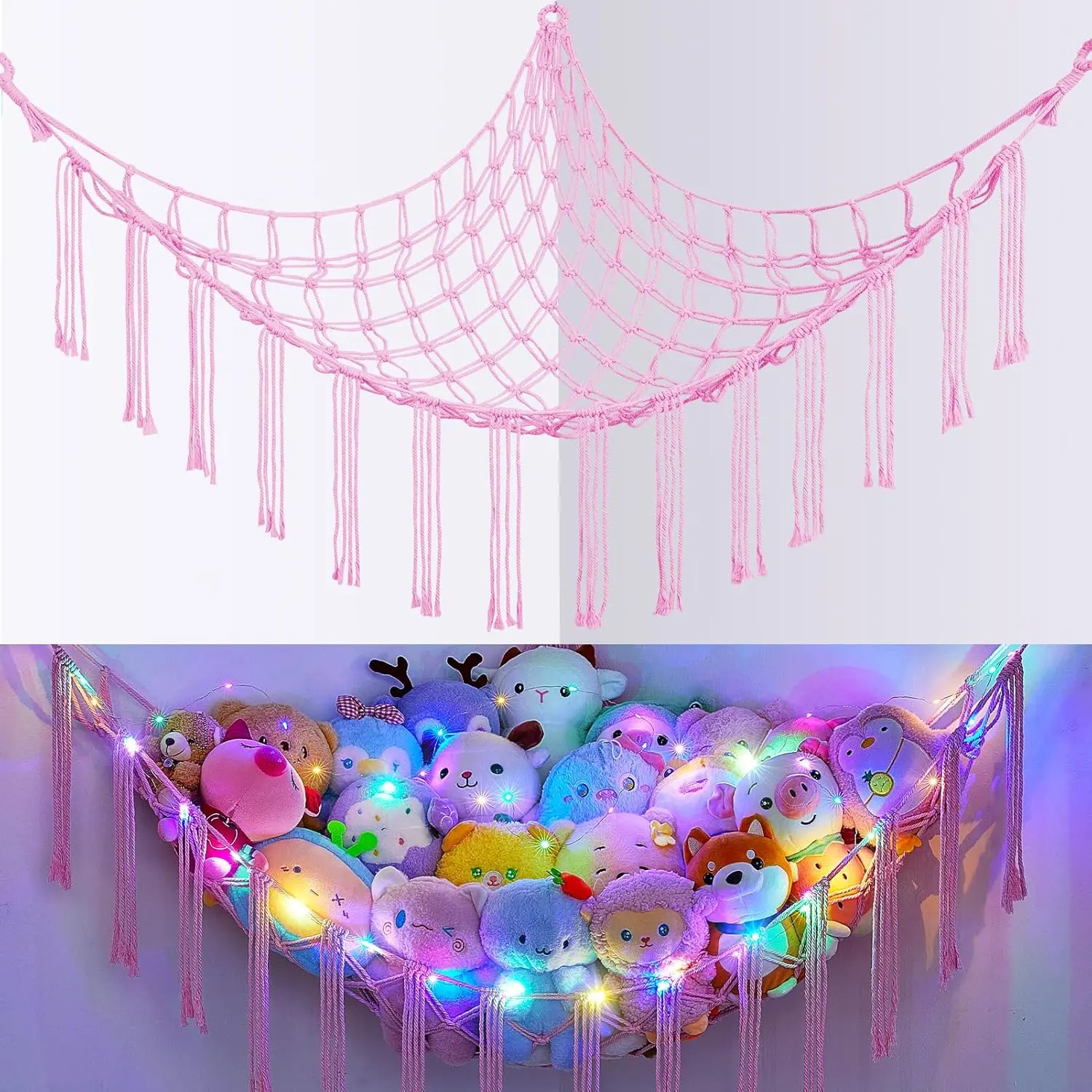 Stuffed Animals Hammock with LED Light Corner Net, Large Girls Room |   Stuffed Animals Storage, Hand-Woven, Tassels, Holds Plush for Nursery, Playroom, Kids Bedroom Decor Toy Hammock Net Corner