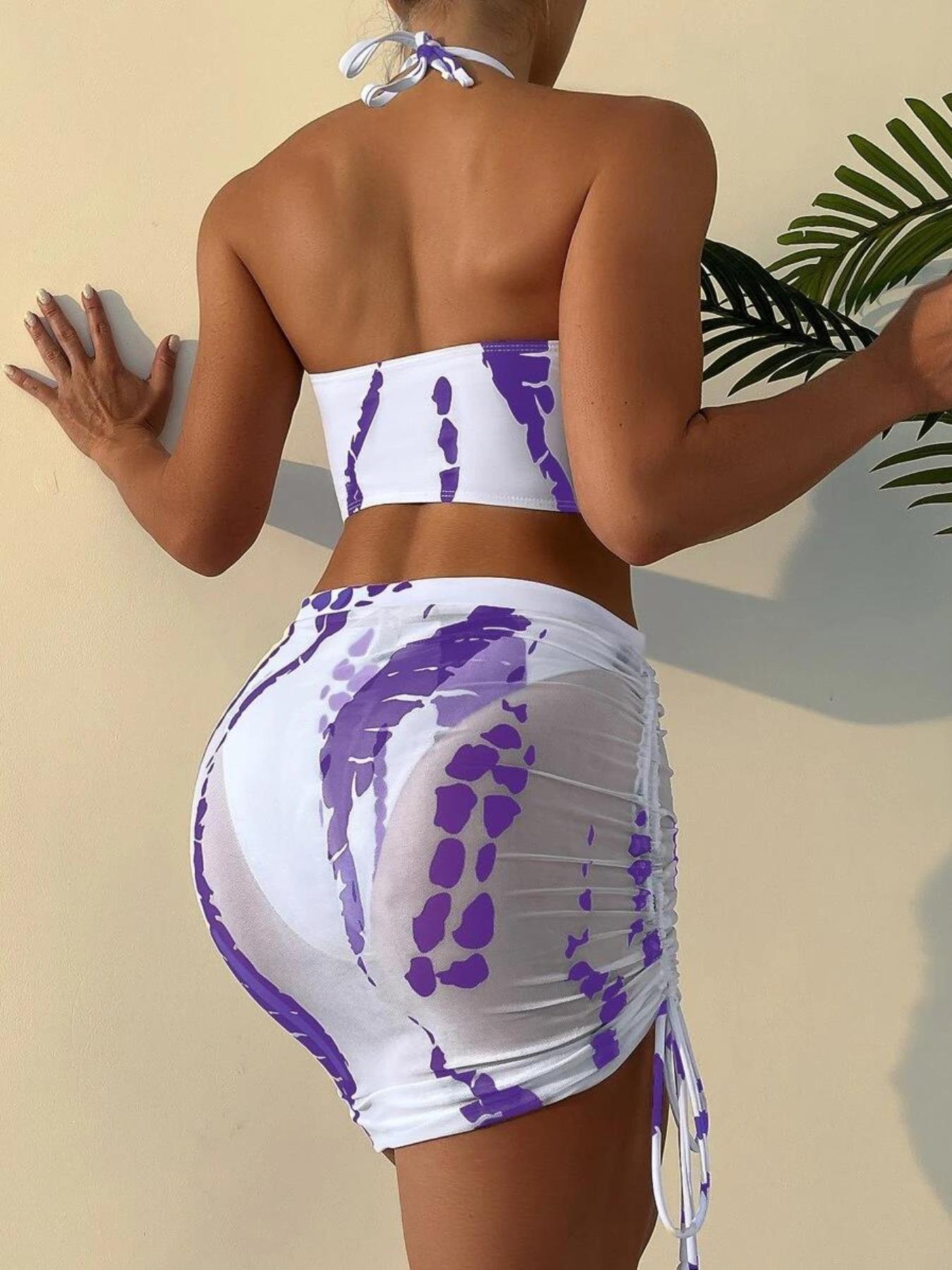 Three-Piece Set Women's Colorblock Cut Out Set, Ring Linked Bra & Ruched Skirt & High Cut Panty, Bikini Sets, Women's Swimwear for Summer Beach Holiday, Swimsuit Style Bikini