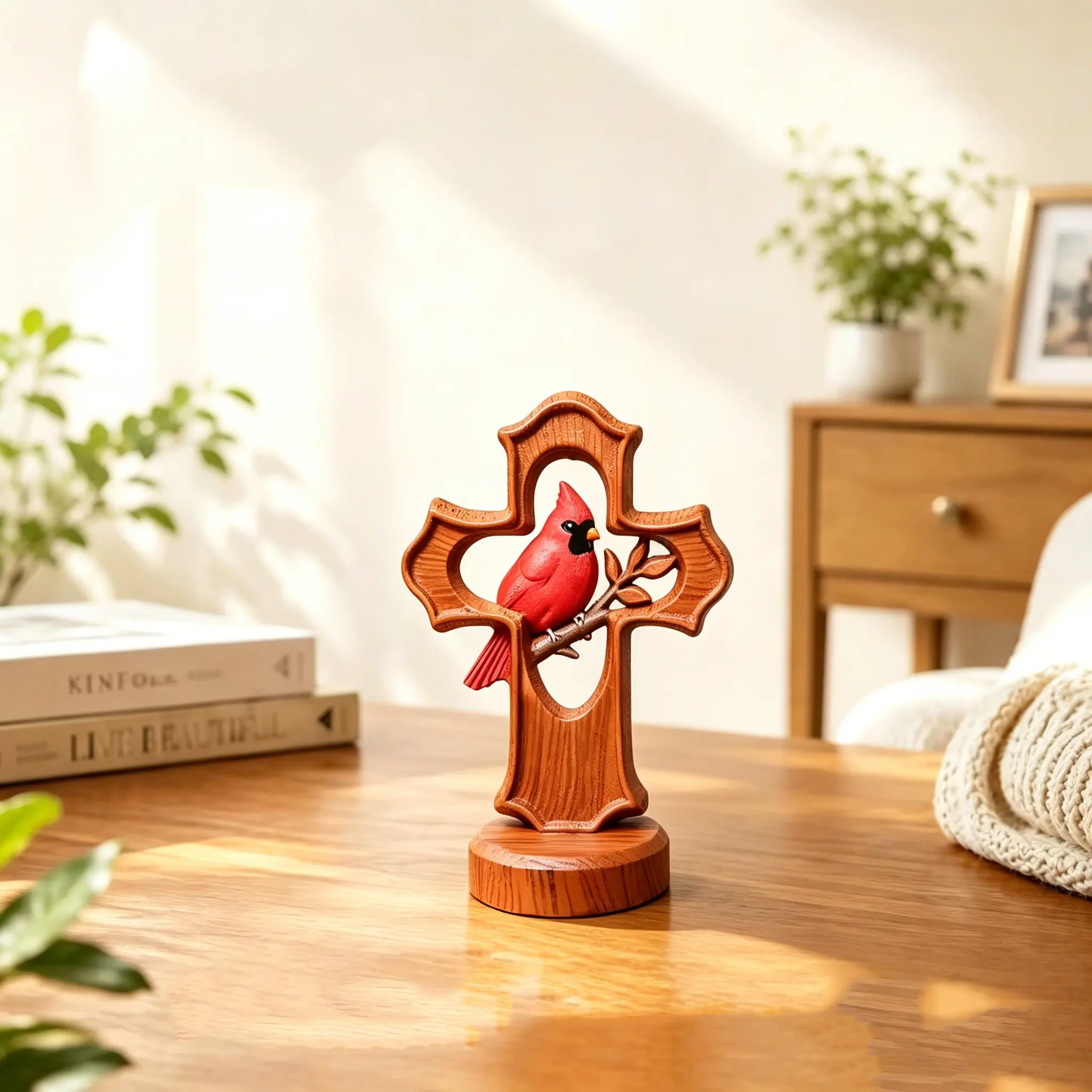 1pc Creative Finch Cross Memorial Gift, Mini Desktop Blessing Ornament, Vintage Wood Carving Bird Cross, Unique Desk Decor, Desk Ornaments