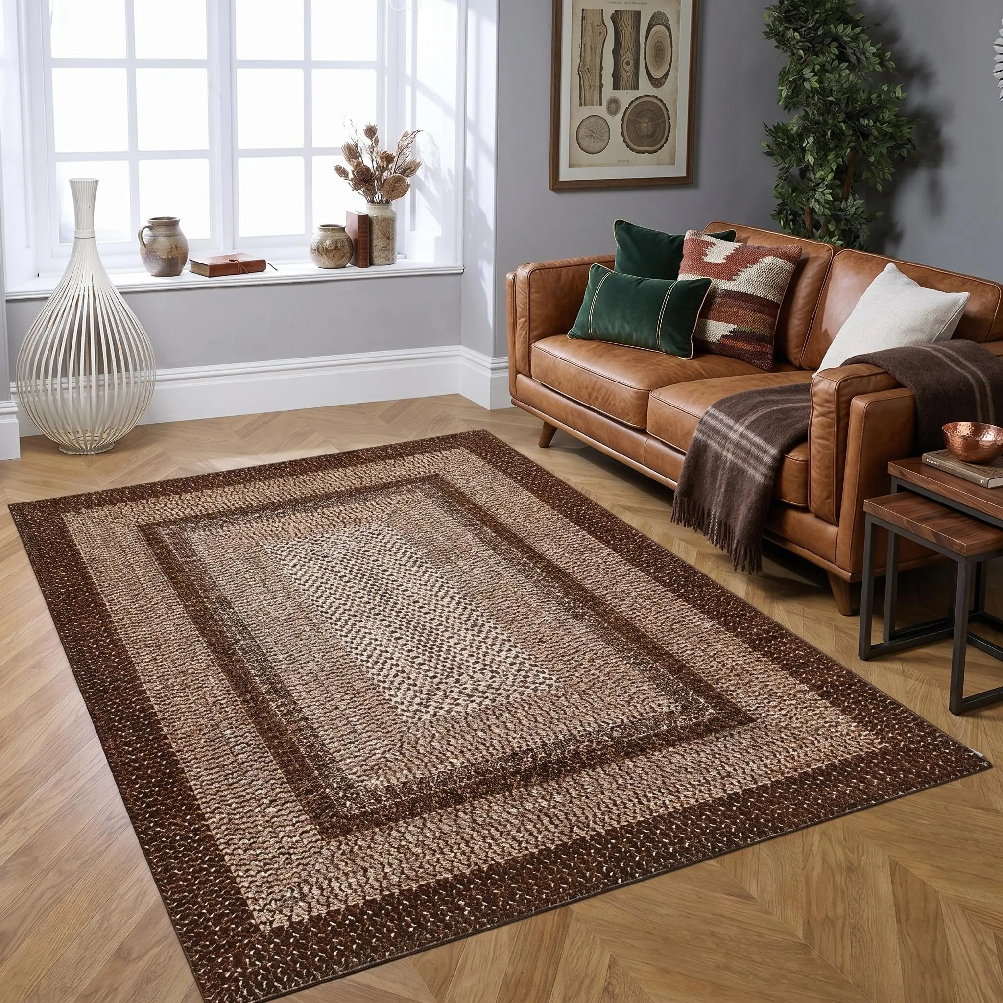 GARVEE Loop Pile Rug 8x10ft, Polyester, Brown, Washable