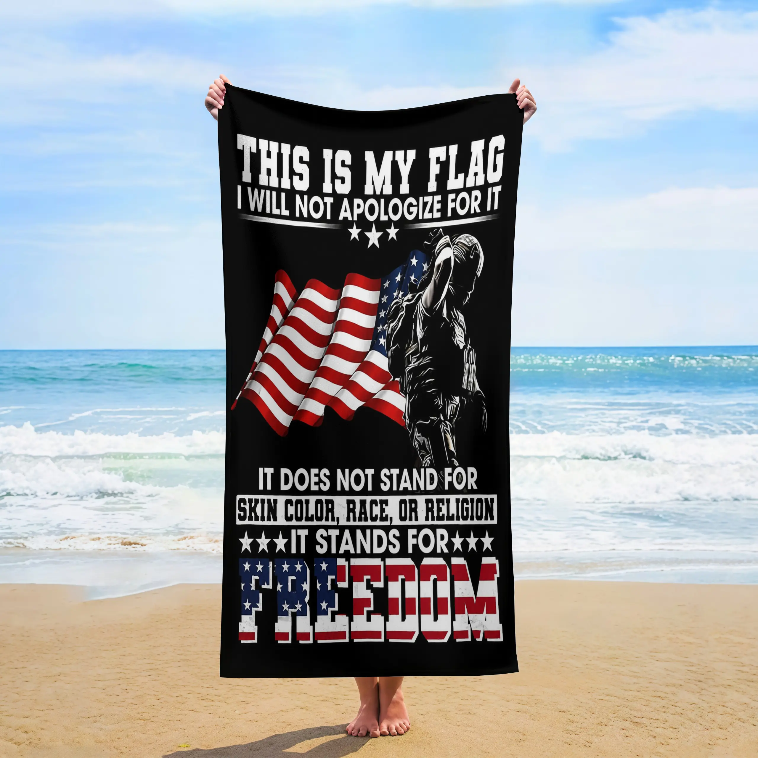 Vintage Grunge Cotton Rectangle Large Bath Towel - "It Stands For Freedom", Wrinkle-Resistant, Sand-Repellent, Machine Washable, Unisex, for Veterans Day Celebrations & Swimming Poolside Lounging