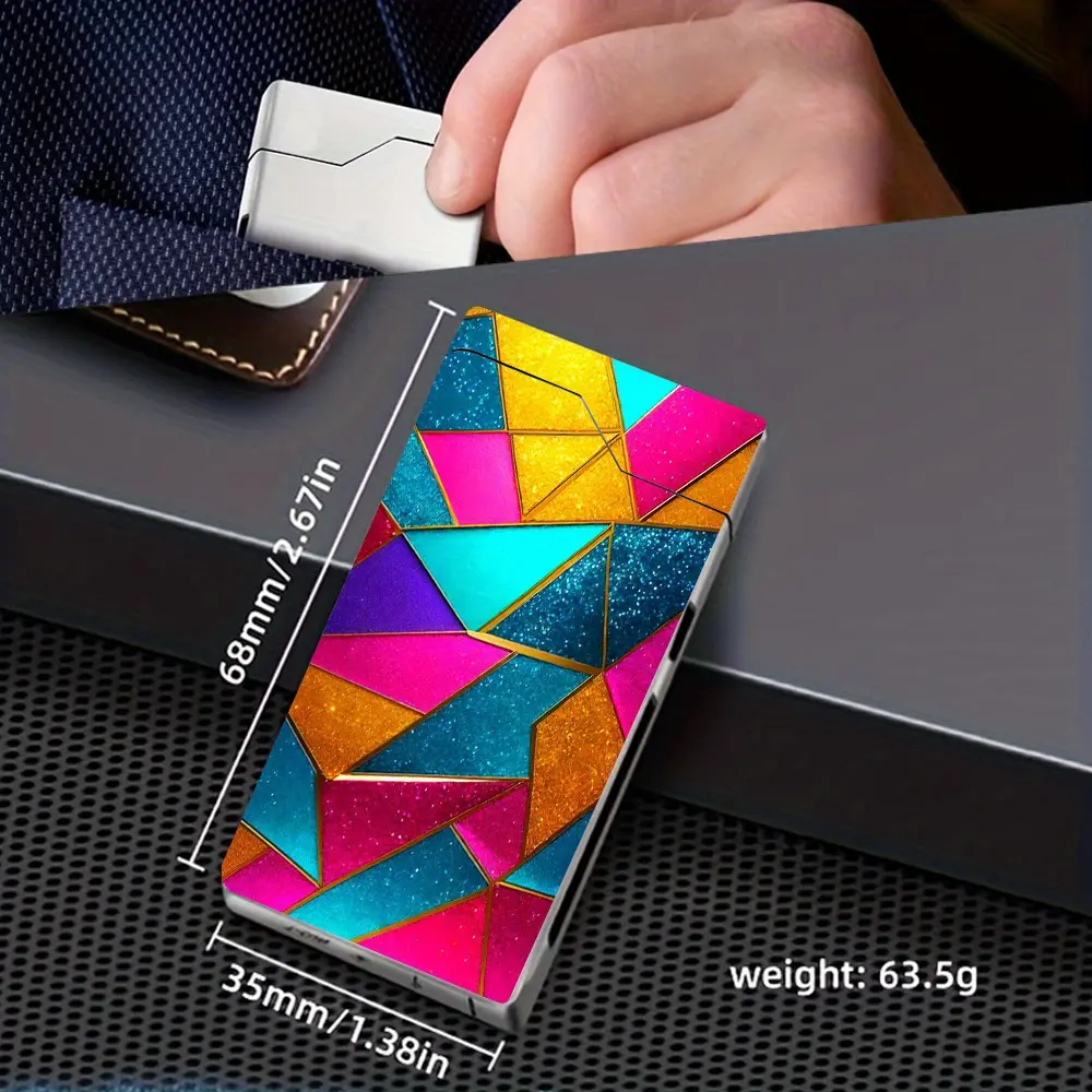 A Windproof Electric Arc Lighter with a Geometric Color Patchwork Design, Featuring a Type-C Charging Port, a Metal Casing, Battery Display, And Dual Arcs. It Comes in a Gift Box And Has a Power-Off Program