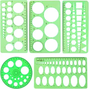 5PCS Green Plastic Circle & Oval Geometry Measuring Ruler Stencils for Geometric Drawing