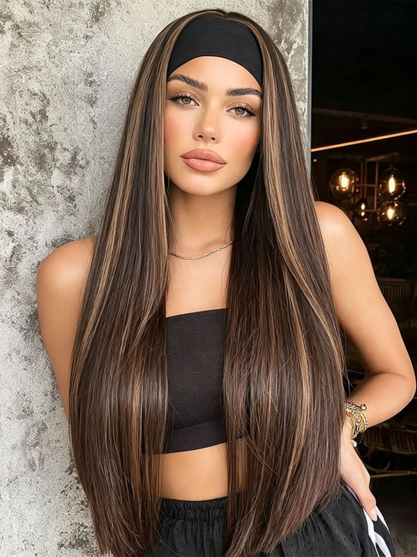 Long Straight Headband Style Wig for Women, Highlight Ombre Synthetic Wig, Glueless Heat Resistant, Natural Look for Daily Use