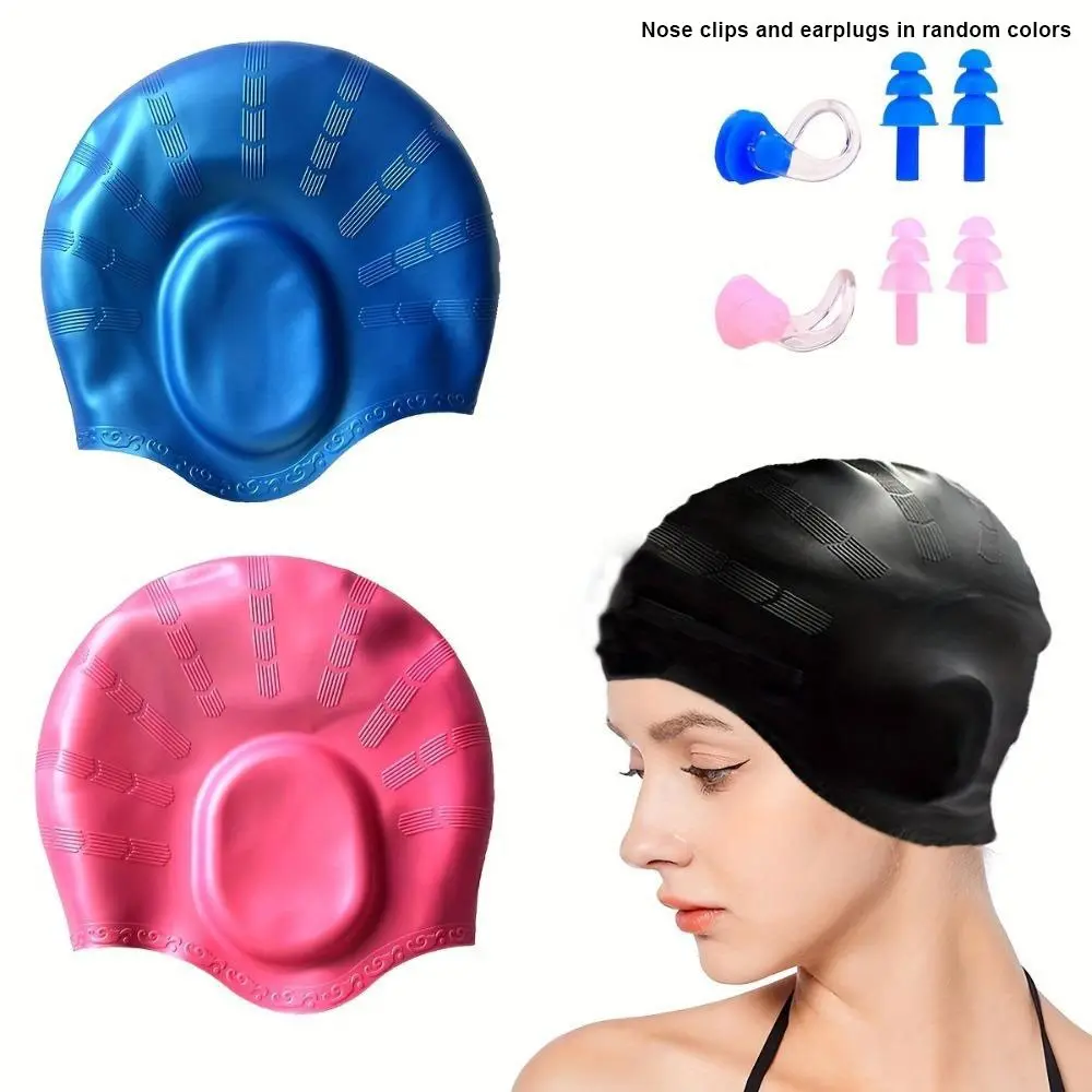 Silicone Swim Caps, Silicone Ear Protection Swim Caps – Durable Comfortable Adult Swim Caps, Stretchy Fit for Women & Men, Suitable for Short Hair and Long Hair, Swimming