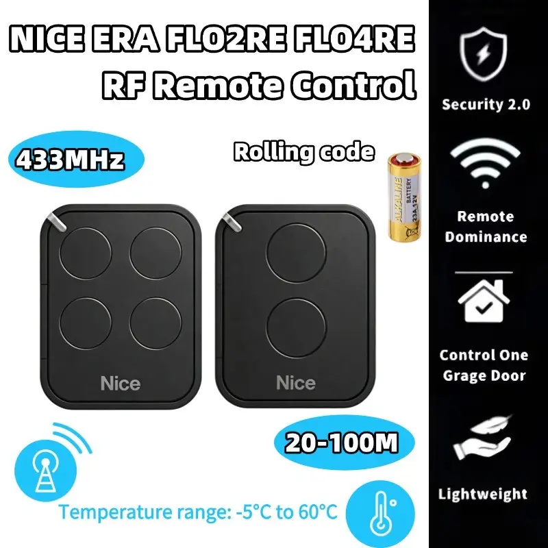 Nice Flo2re Flo4re 433mhz RF Rolling Code Remote Control, 2-Key 4-Key Wireless Garage Door Remote, Suitable for Garage Doors, Courtyard Roll-Up Doors, Toll Gates