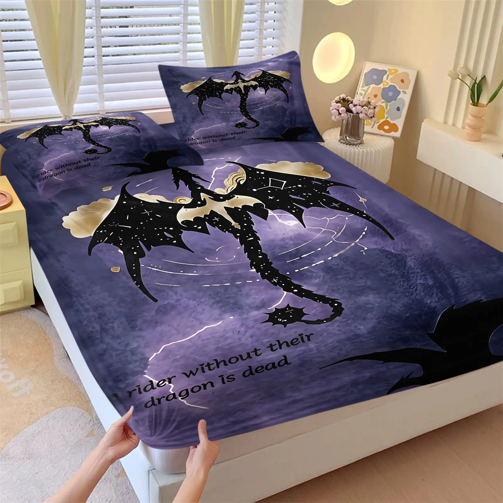 Dreamy Mystical Dragon Print Fitted Sheet Set-1 Bed Sheet & 2 Pillowcases-Lavender Base with Pure Gold Dragon-Comfortable Non-Slip Mattress Protector-Dark Fantasy Style Fan Bedroom/Student Dorm Decor
